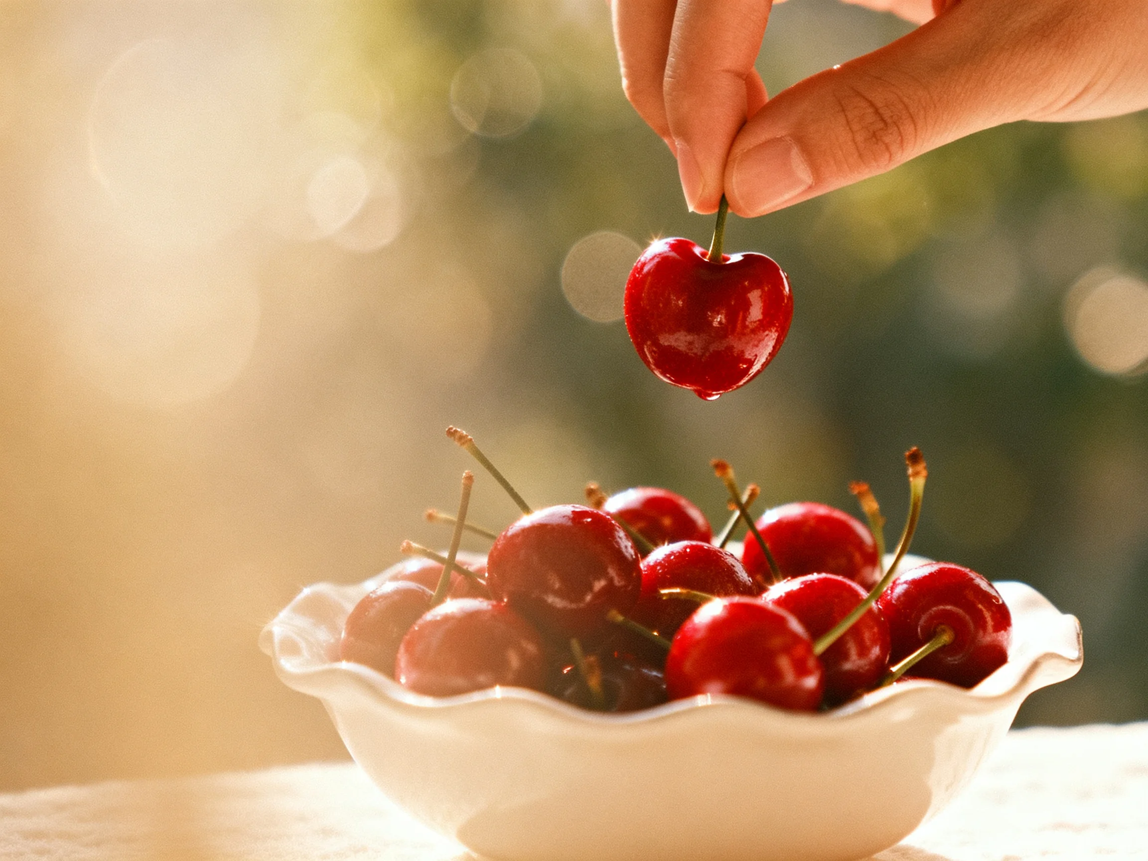 Hand picks vibrant red cherries from a white bowl under warm sunlight