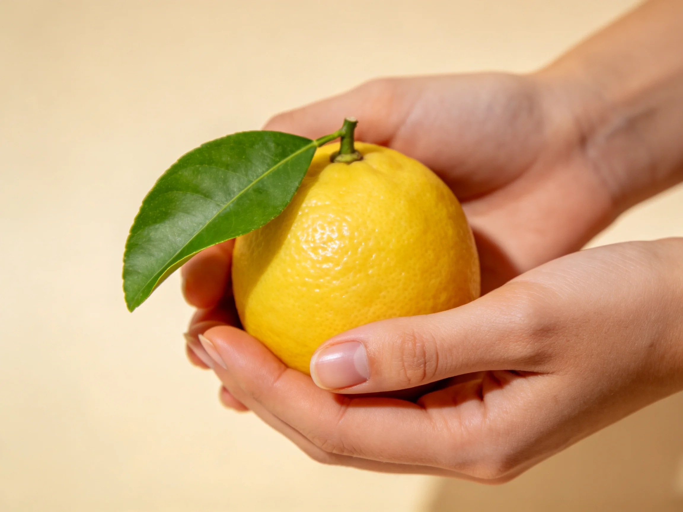 Hands cradling a bright yellow lemon with a single green leaf
