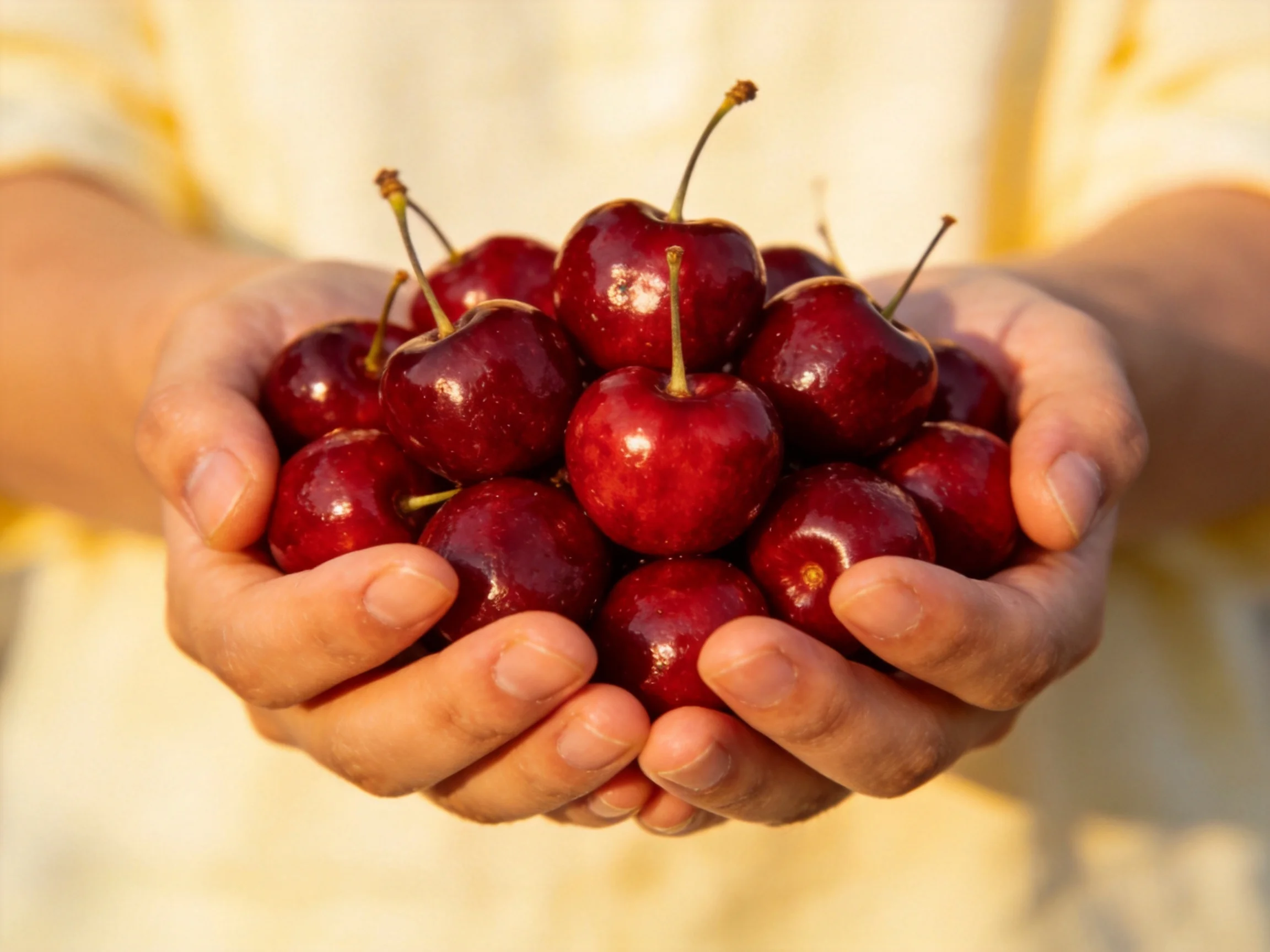 Hands cradling a cluster of glossy red cherries