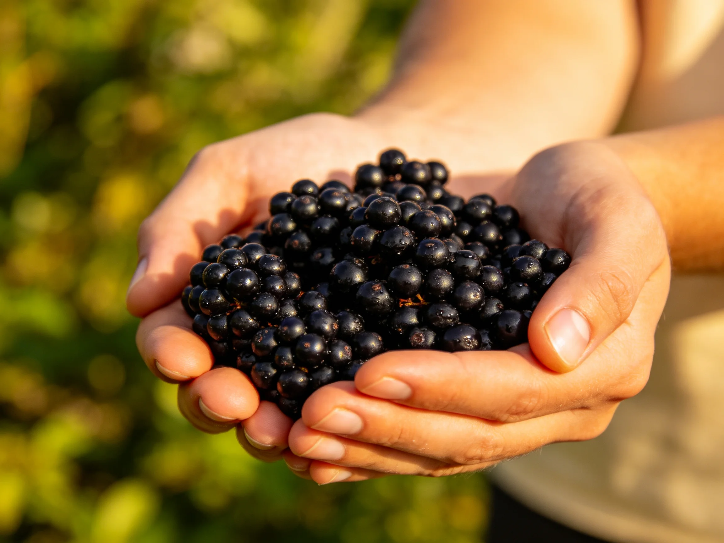 Hands cradling abundant dark purple berries against a lush green backdrop