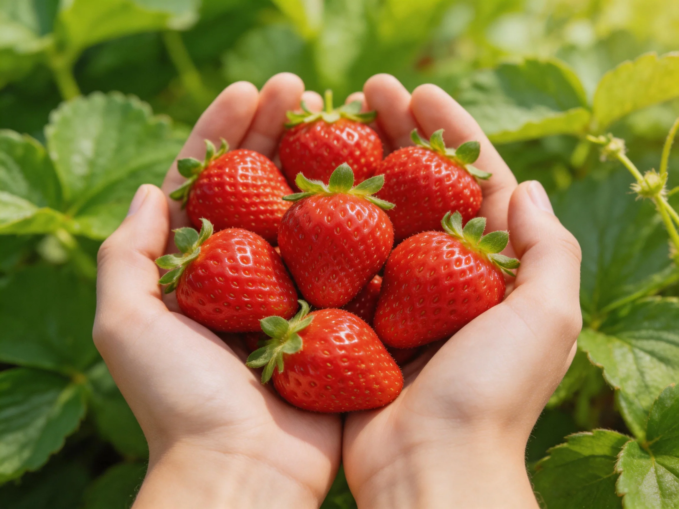 Hands cradling bright red strawberries among lush green strawberry plants