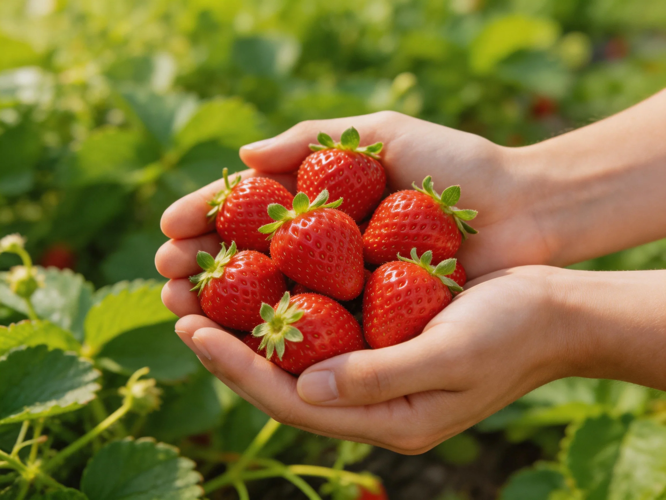 Hands cradling eight vibrant red strawberries amid lush greenery