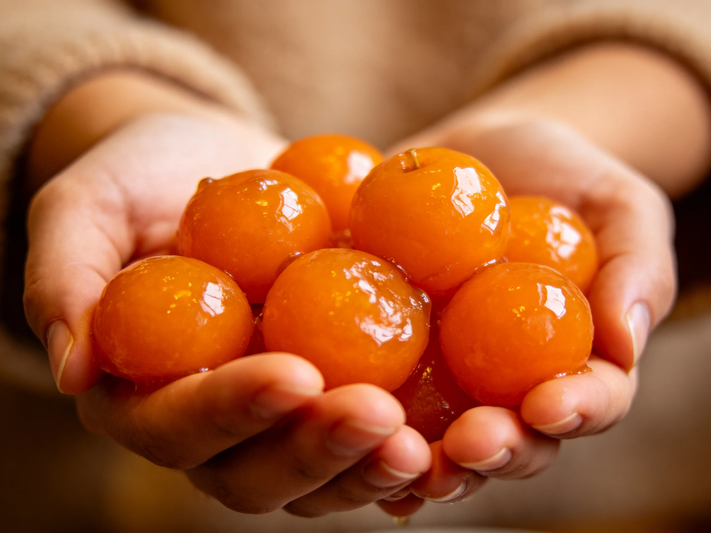 Hands cradling glossy orange spherical fruits with warm lighting