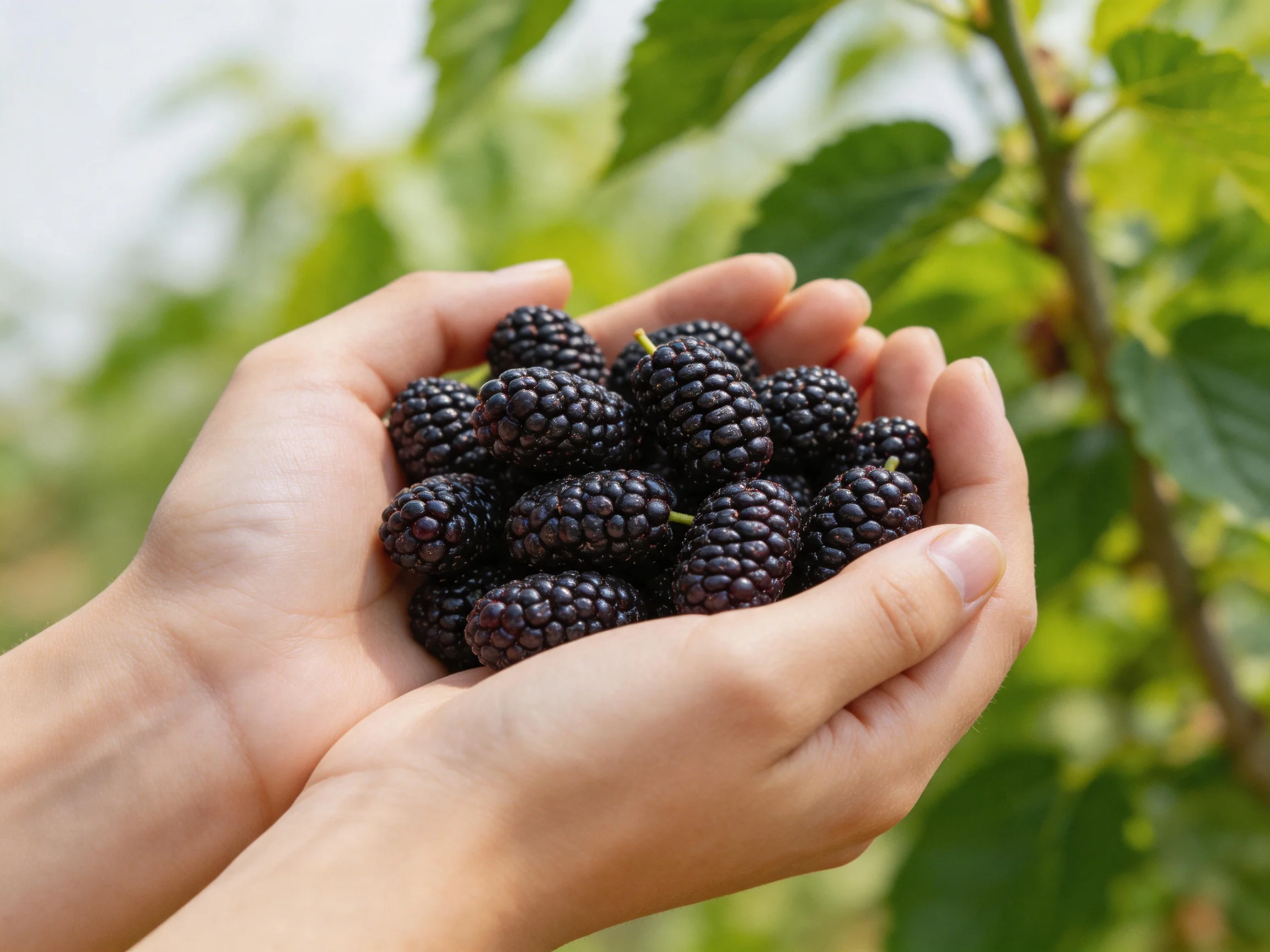 Hands cradling numerous dark purple mulberries near leafy branches