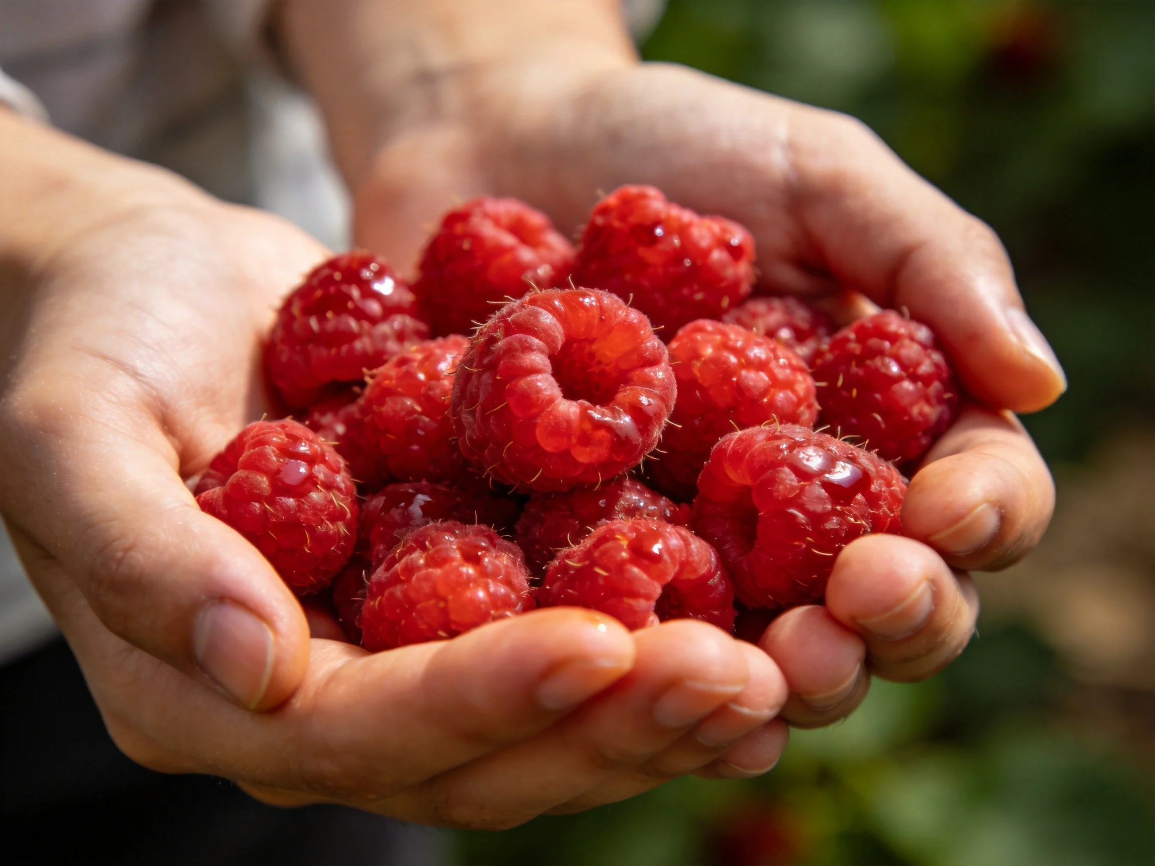 Hands cradling plump, vibrant red raspberries outdoors