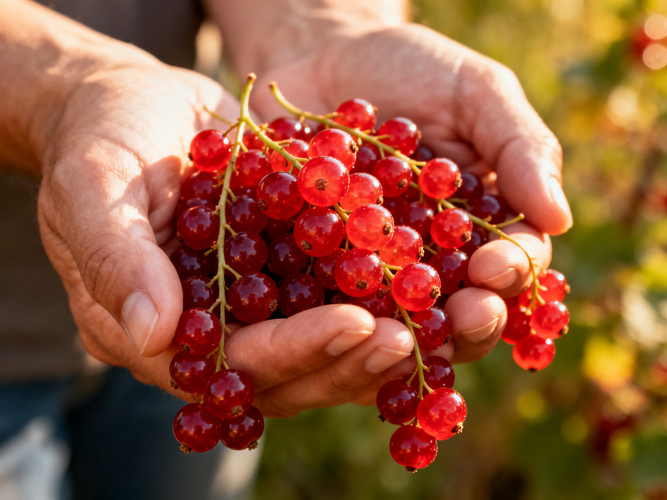 Hands cradling vibrant red currant clusters under warm sunlight