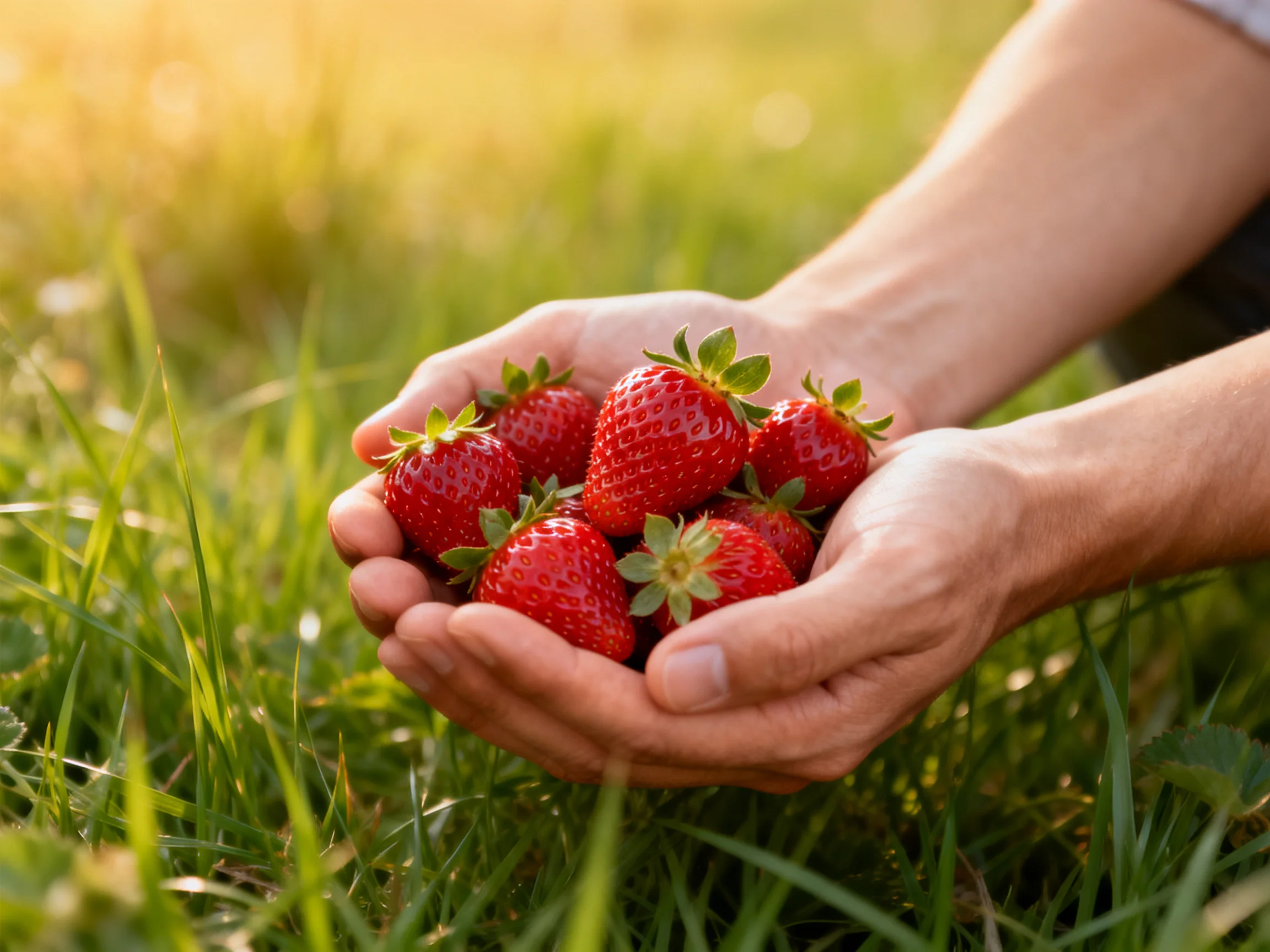 Hands cradling vibrant red strawberries in sunlit green grass