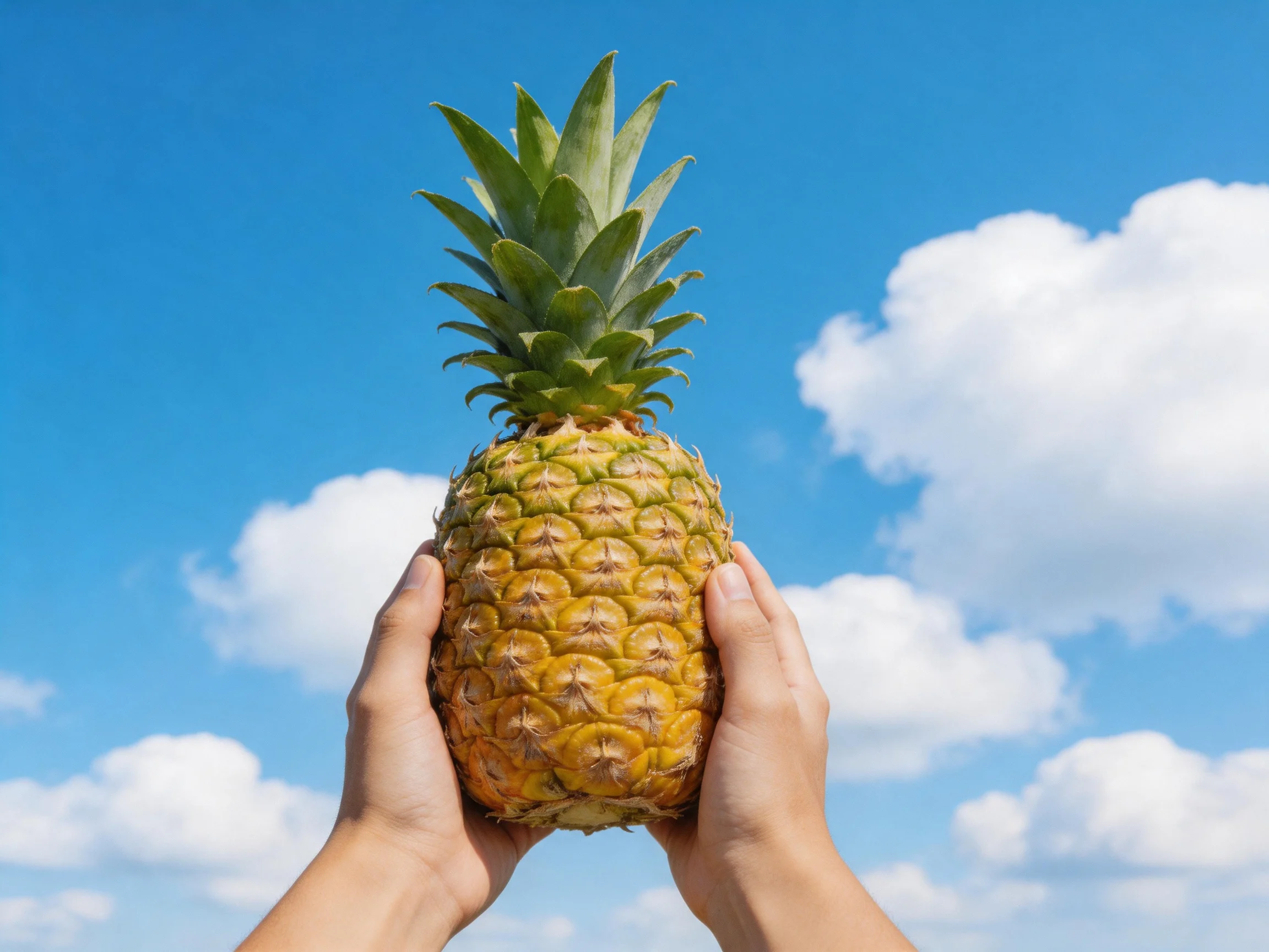 Hands holding a ripe golden pineapple against bright blue sky
