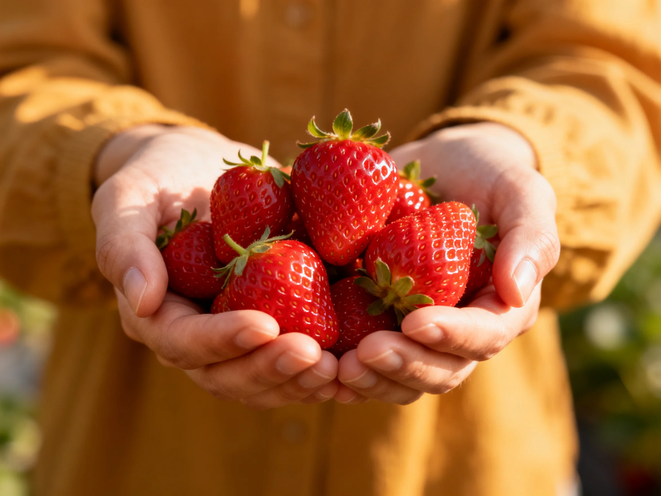 Hands holding numerous bright red strawberries in a mustard-colored garment.