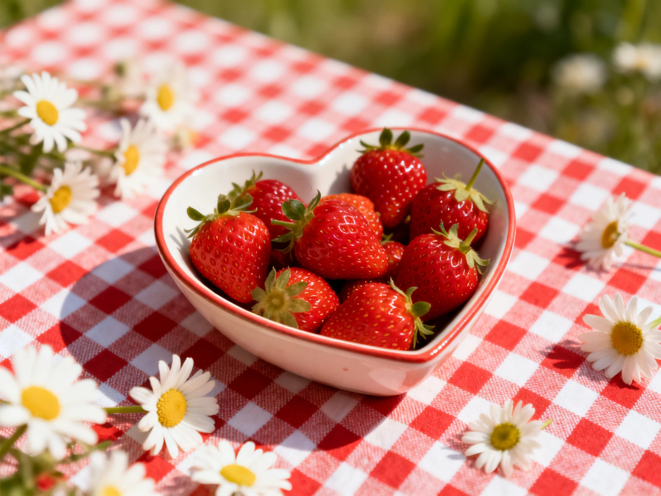 Heart - shaped bowl of ripe strawberries on red - and - white checkered cloth with daisies