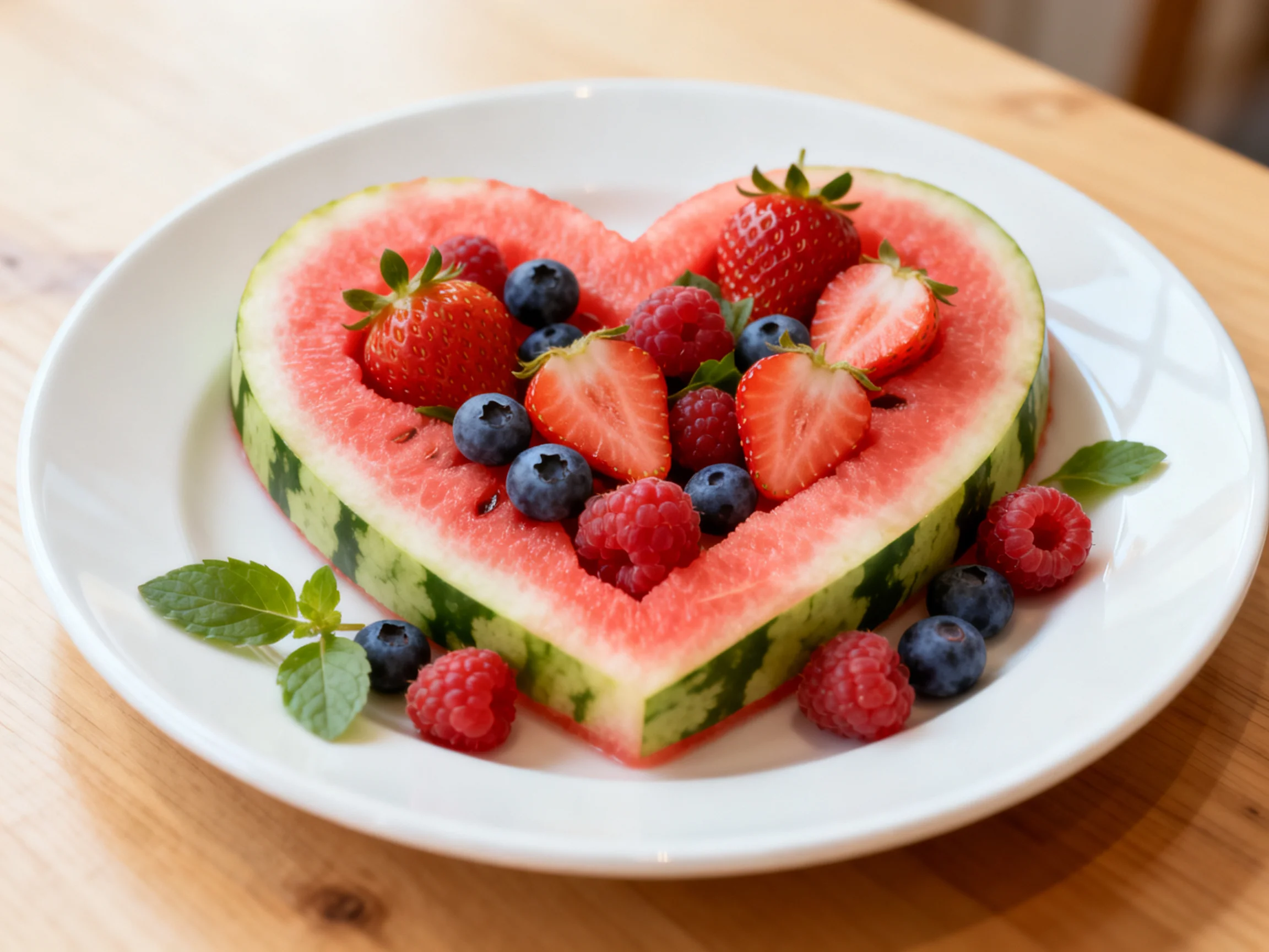 Heart - shaped watermelon adorned with strawberries, raspberries, and blueberries on a white plate