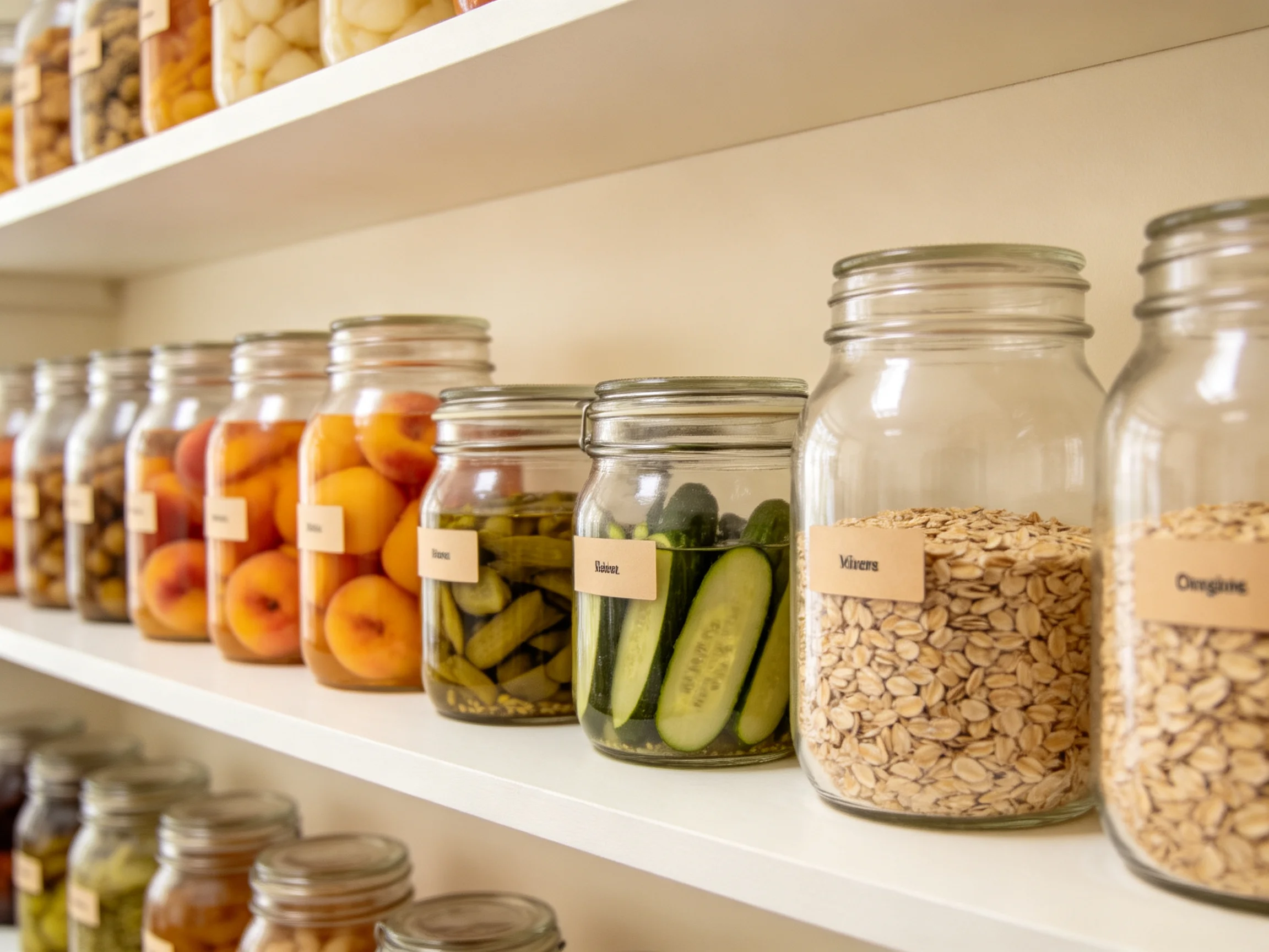 Jars holding fruits, veggies, and grains are neatly arranged on white shelves