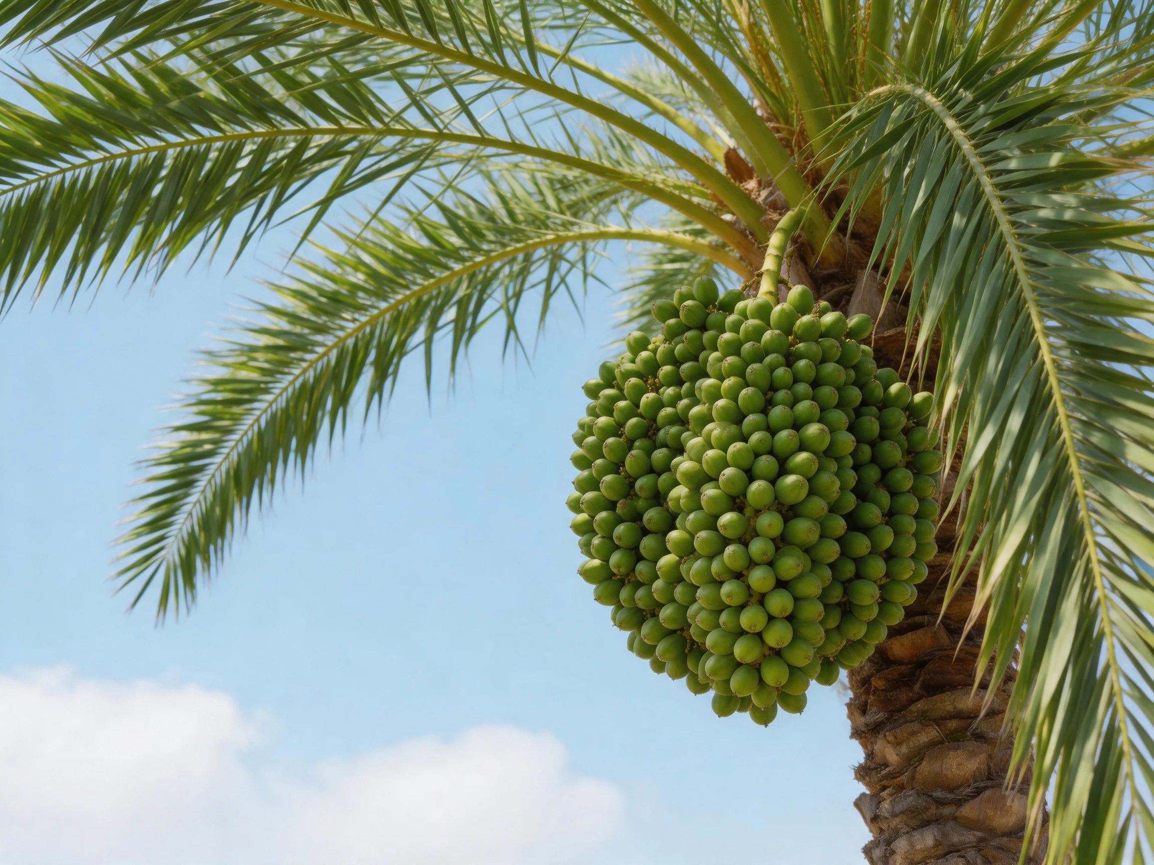 Large green date clusters hang from a tall palm tree beneath a clear blue sky