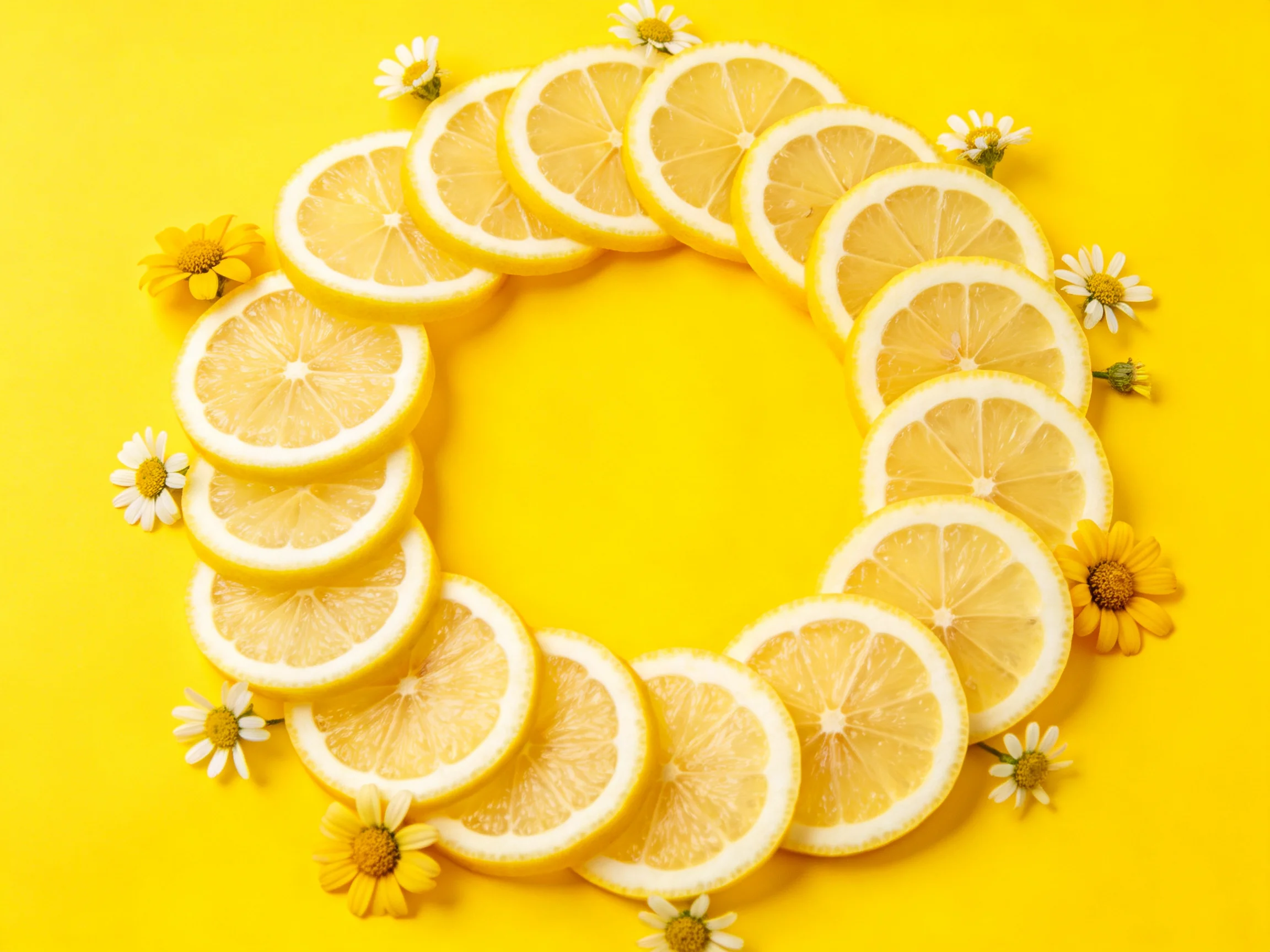 Lemon slices form a circular wreath with small yellow and white flowers