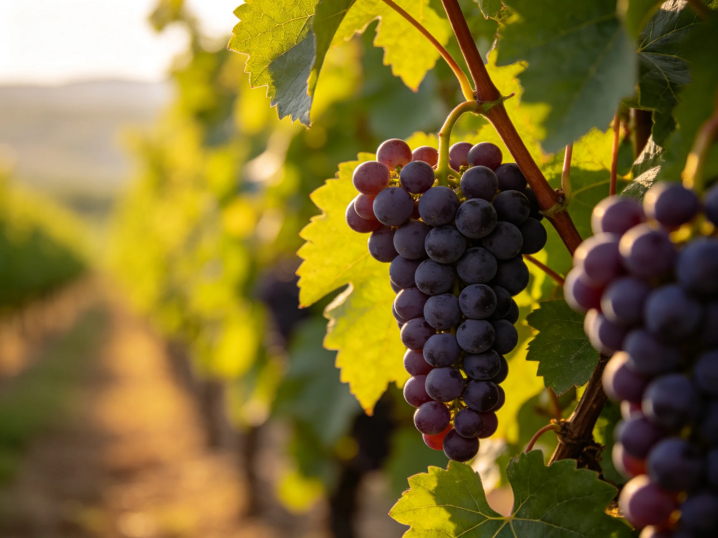 Lush clusters of deep purple grapes in a sun-drenched vineyard