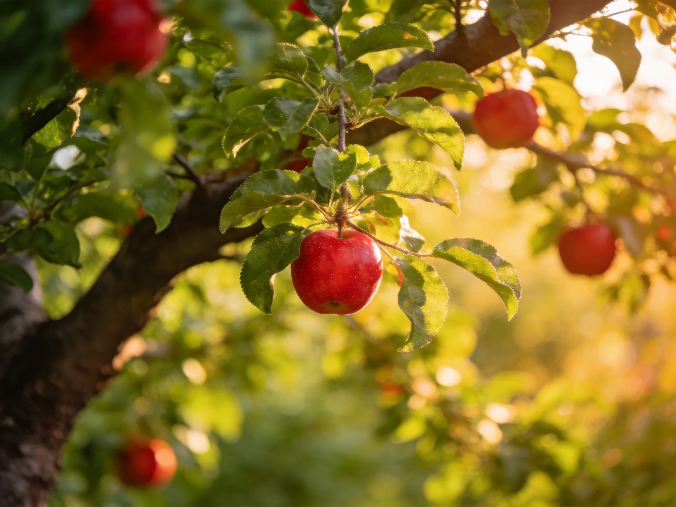 Lush green apple tree bears vibrant red apples in golden sunlight