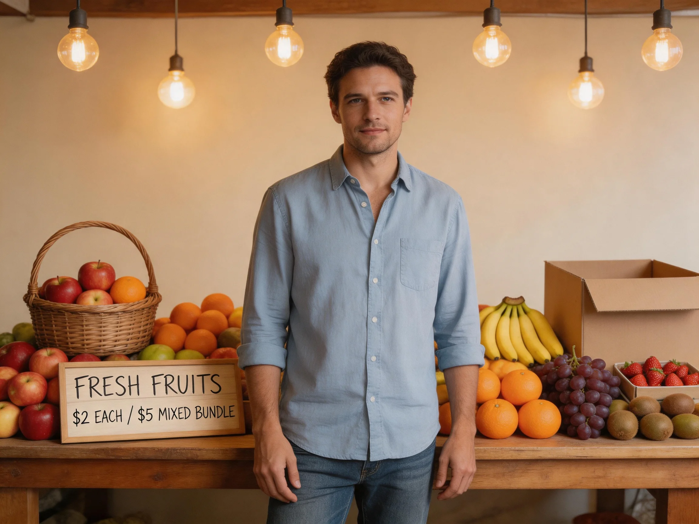 Man beside wooden table filled with colorful fresh fruits under hanging bulbs