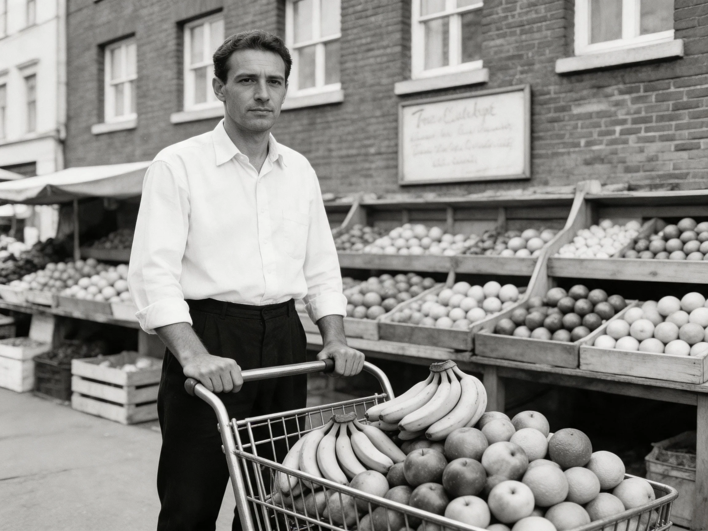Man pushes cart of bananas and apples near brick market displays
