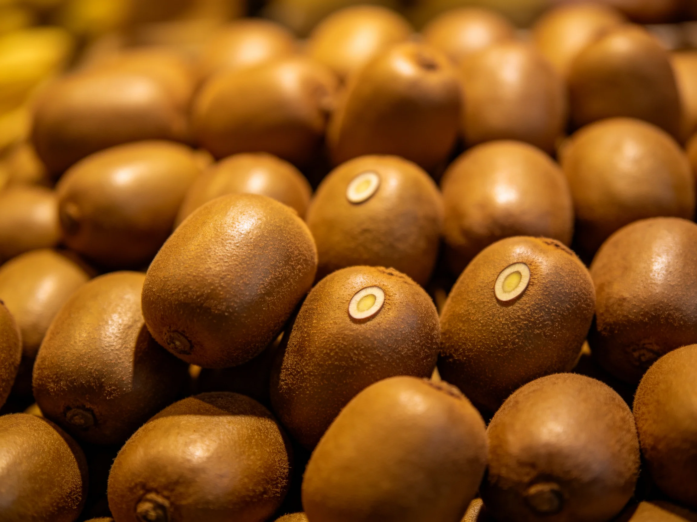 Many brown kiwis with fuzzy skins fill the display