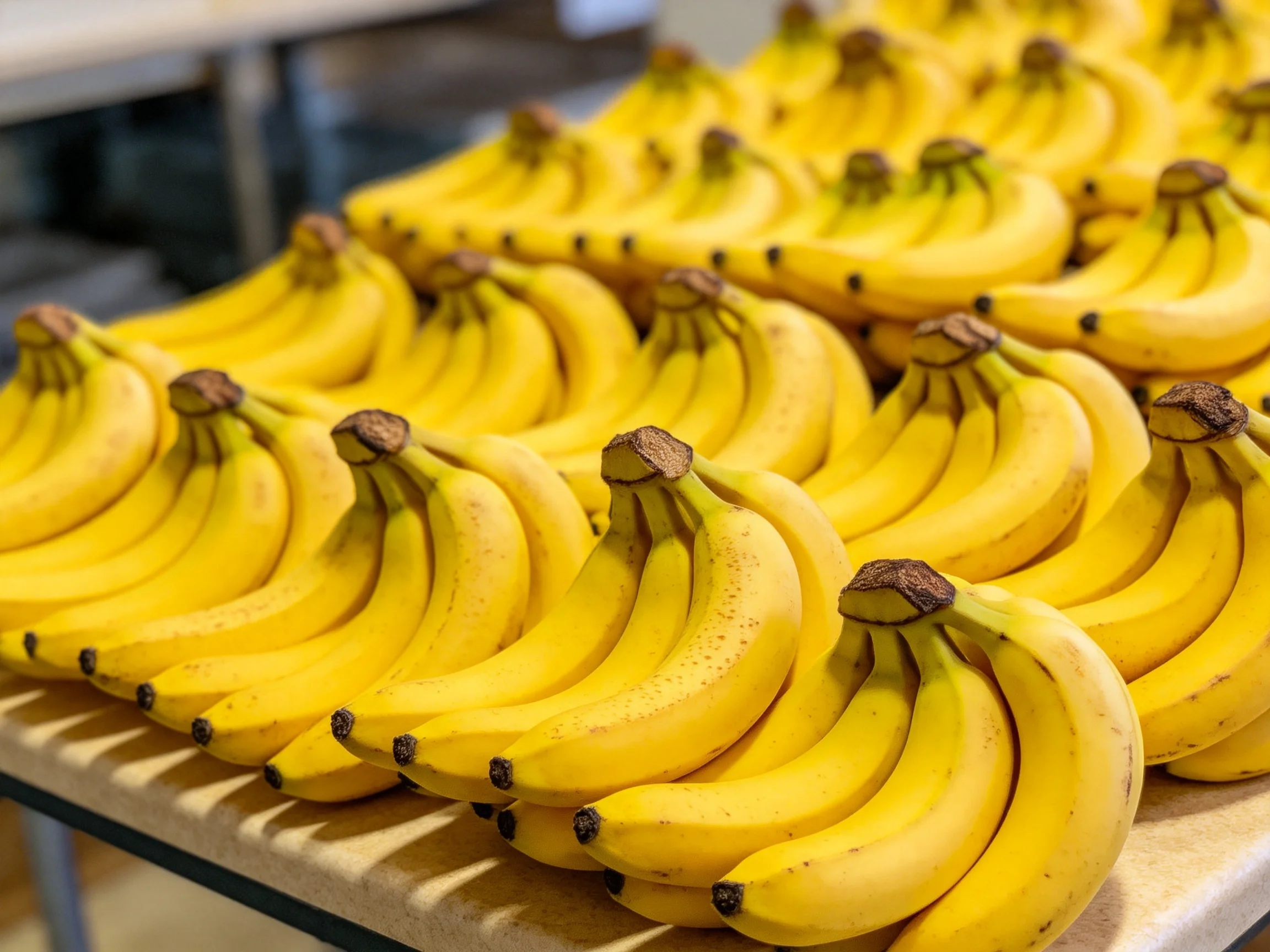 Many bunches of bright yellow bananas arranged in rows