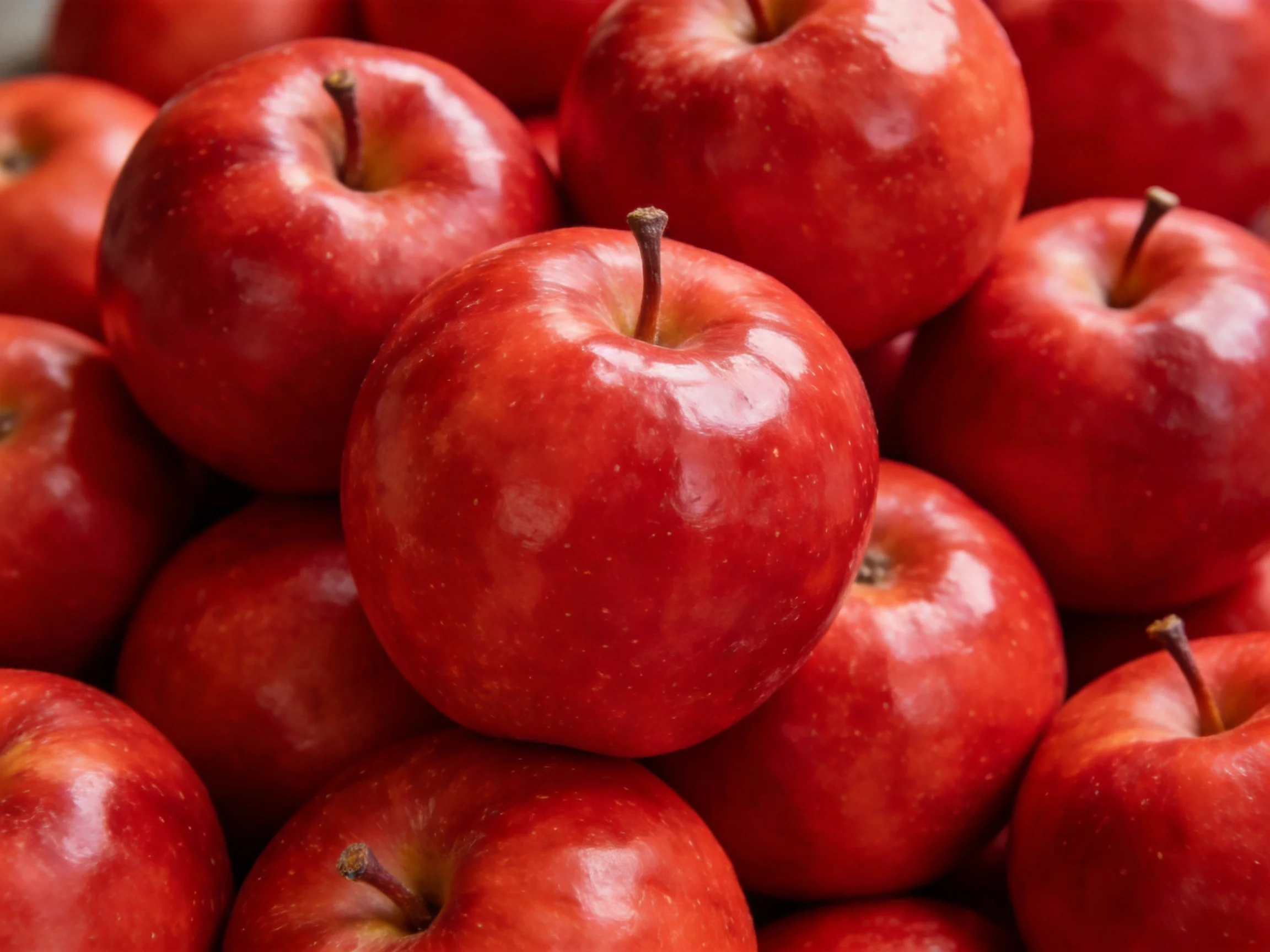 Many glossy red apples stacked densely in a vibrant display