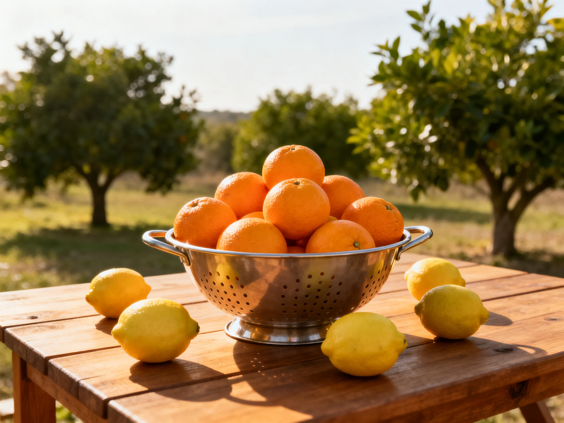 Metal colander of bright oranges on wooden table with yellow lemons, near citrus trees