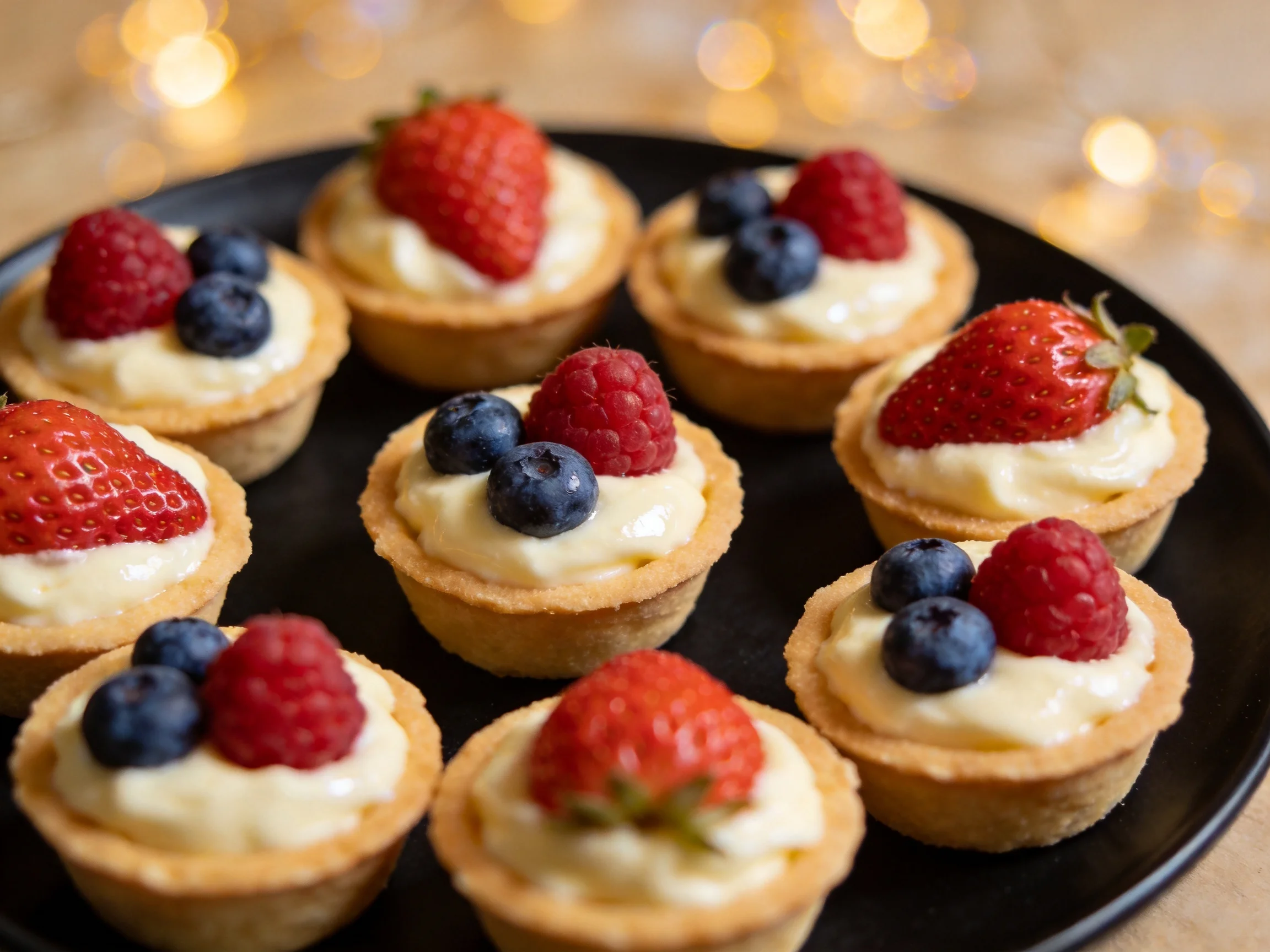 Mini fruit tarts topped with strawberries, raspberries, and blueberries on a black plate