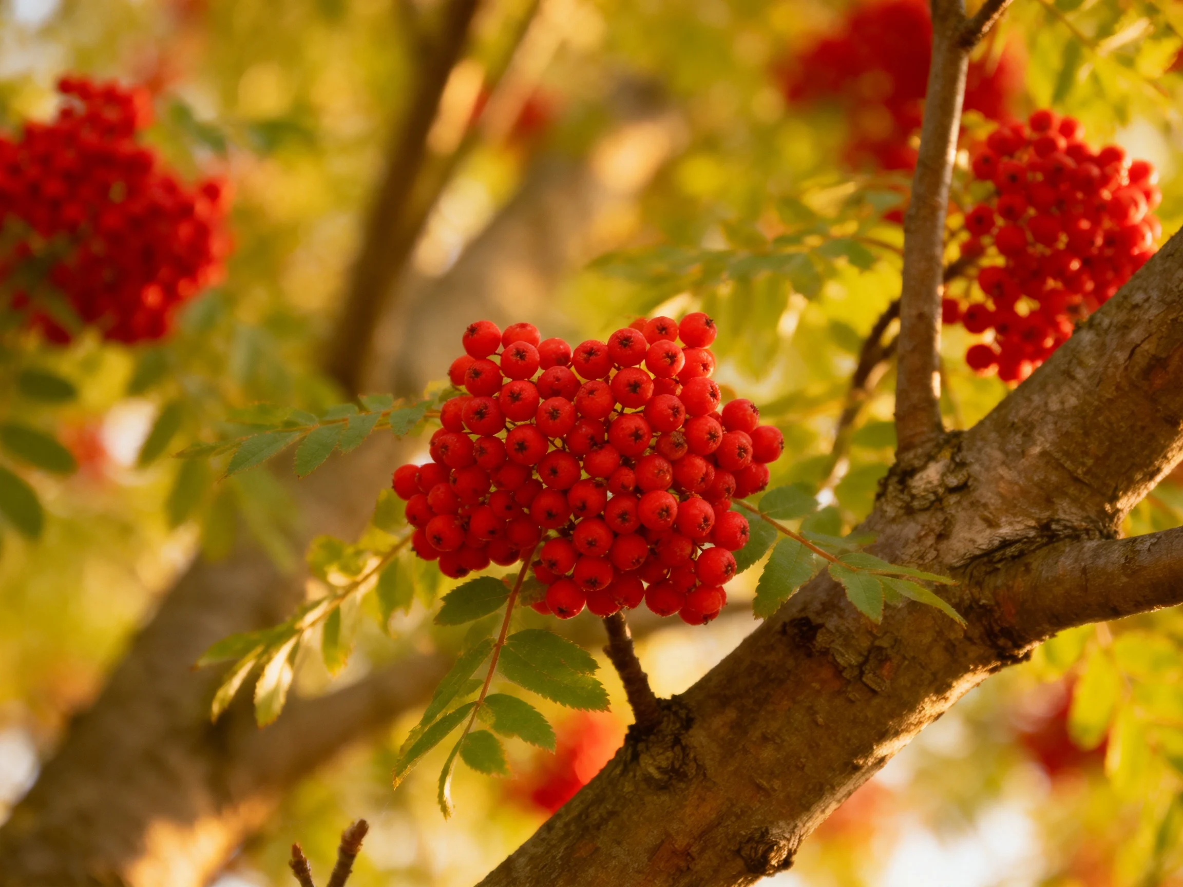 Multiple Bright Red Berry Clusters on Tree Branches