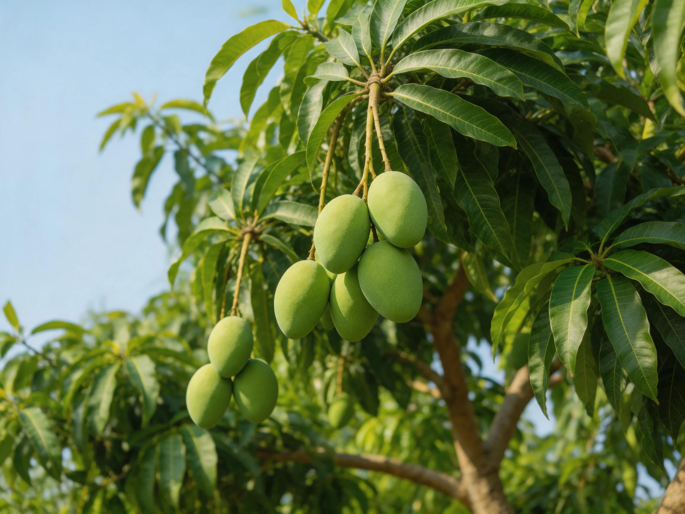 Multiple Green Mango Clusters Grow on Leafy Tree Branches