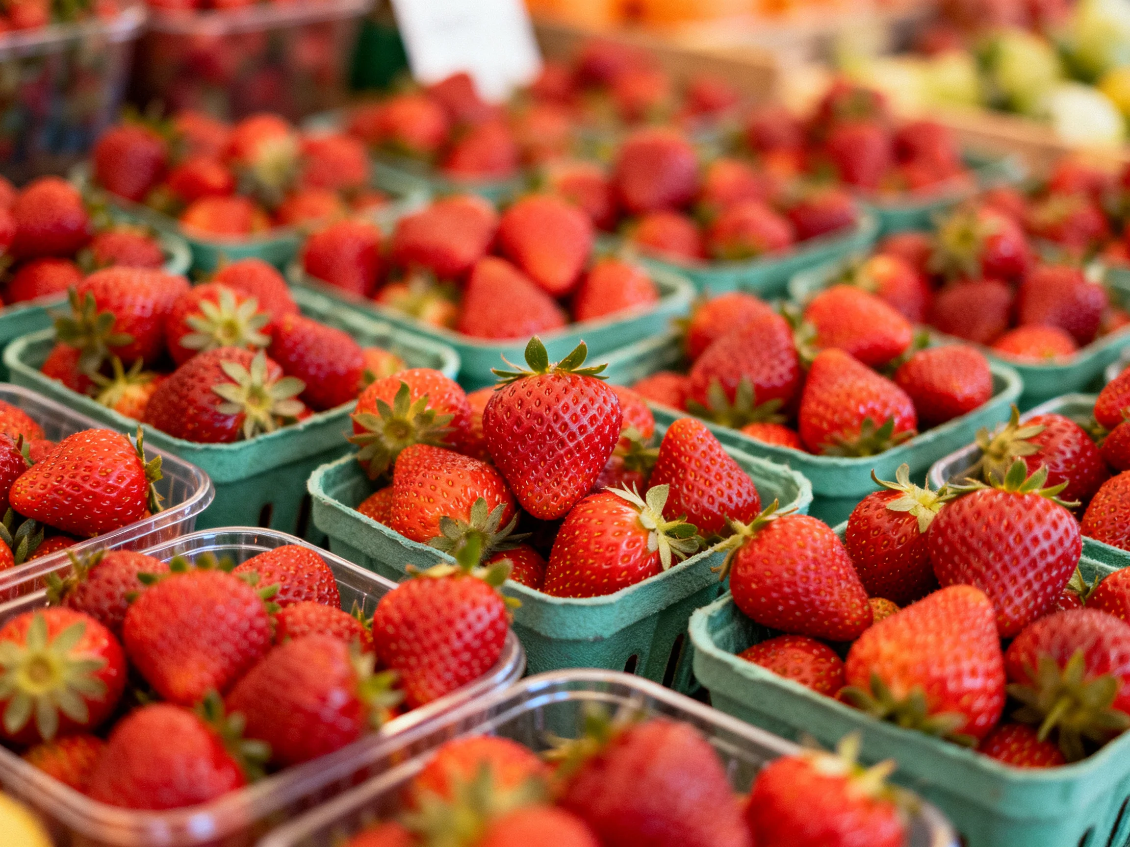 Multiple baskets brimming with ripe red strawberries arranged in rows
