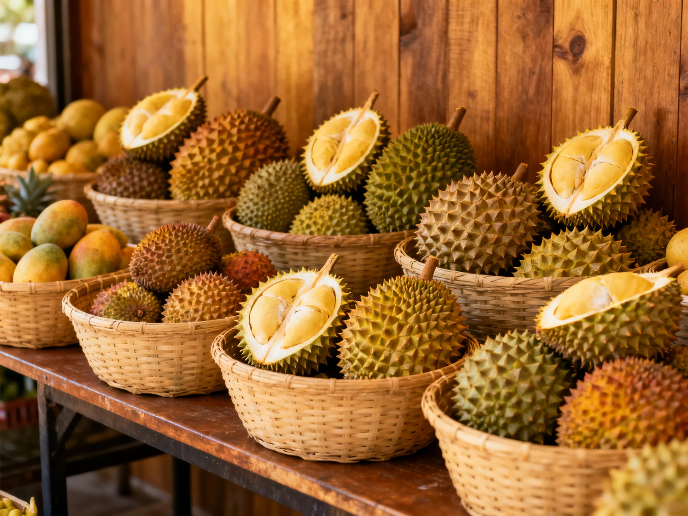 Multiple baskets hold colorful durian fruits against wooden walls