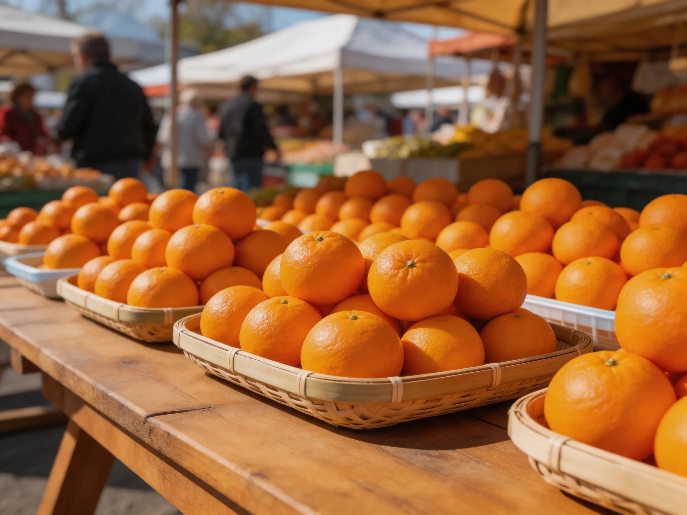 Multiple baskets of bright oranges at an outdoor market