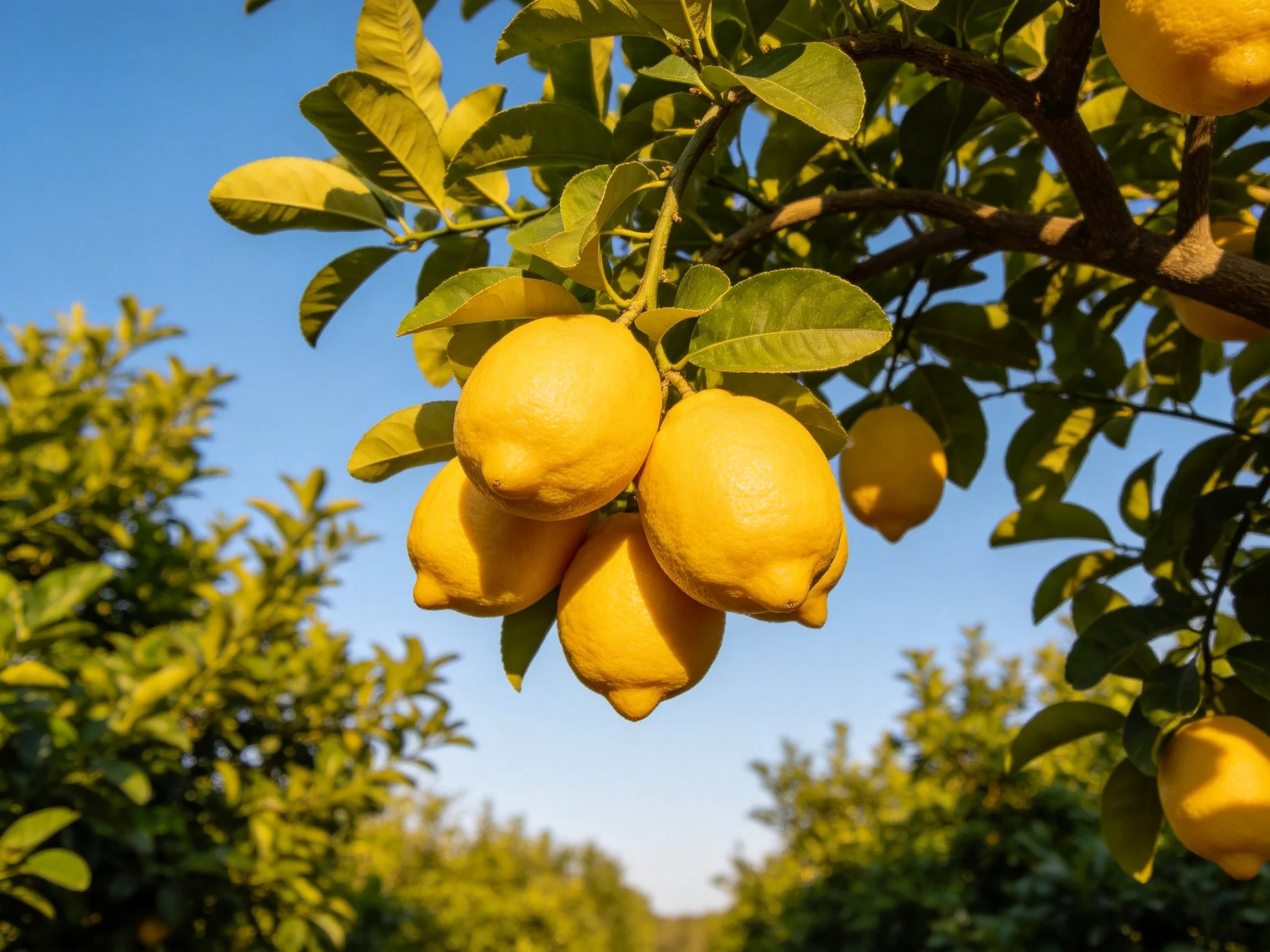 Multiple bright yellow lemons cluster on a leafy lemon tree branch