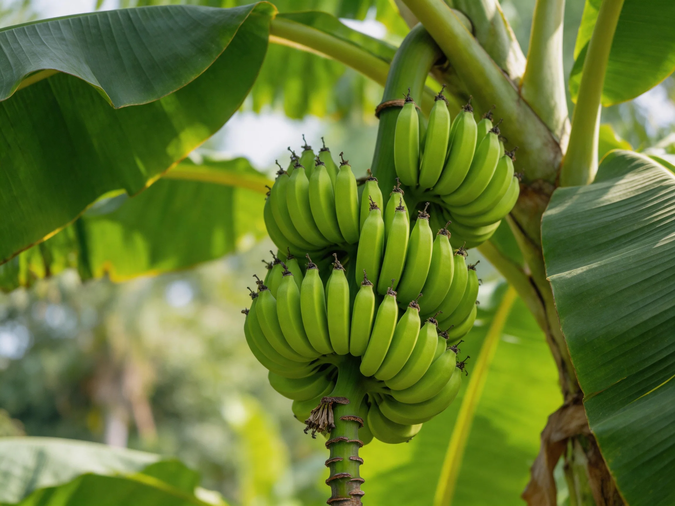 Multiple bunches of bright green bananas grow on a banana tree.