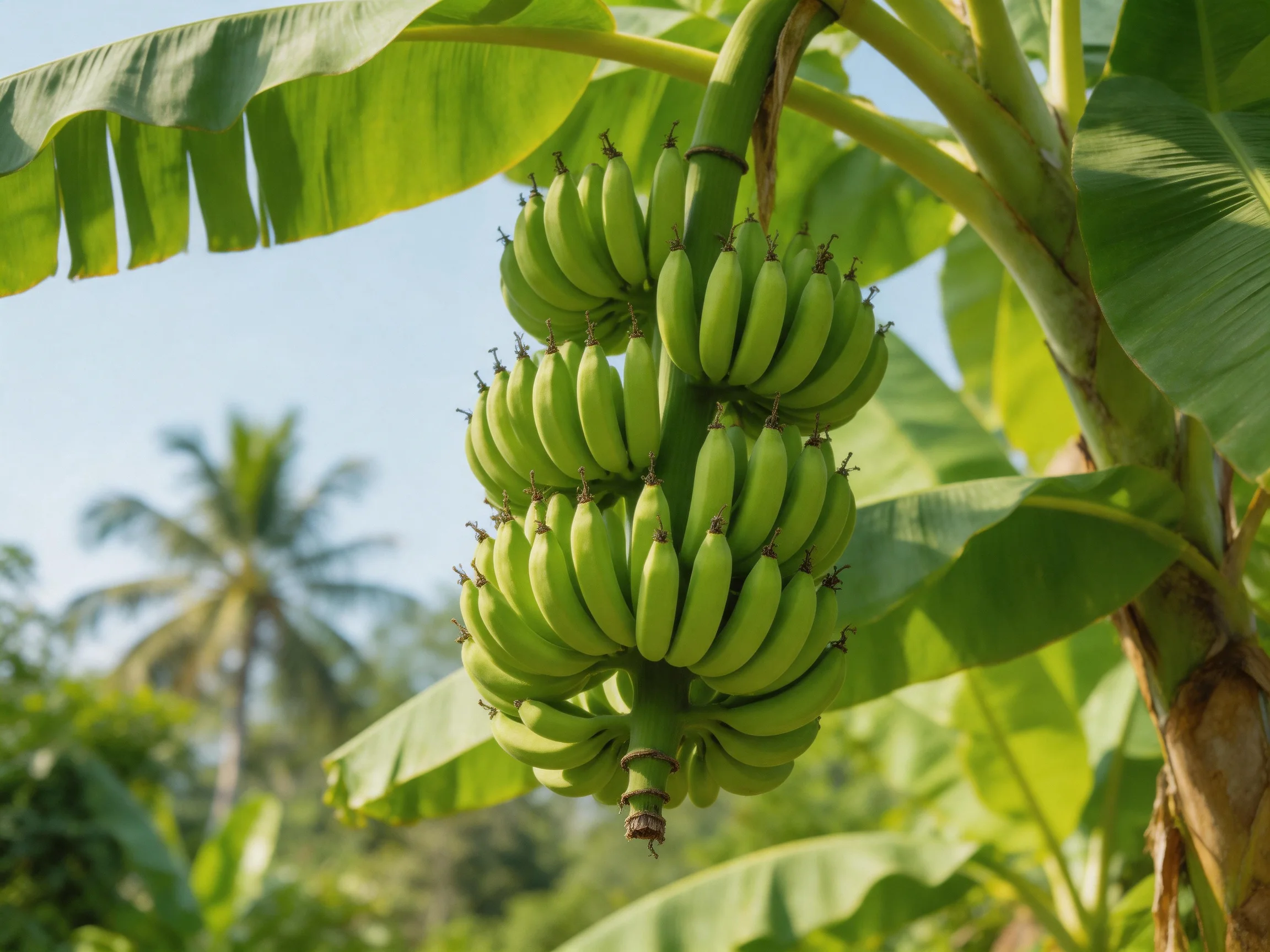 Multiple bunches of unripe green bananas hang from a banana tree