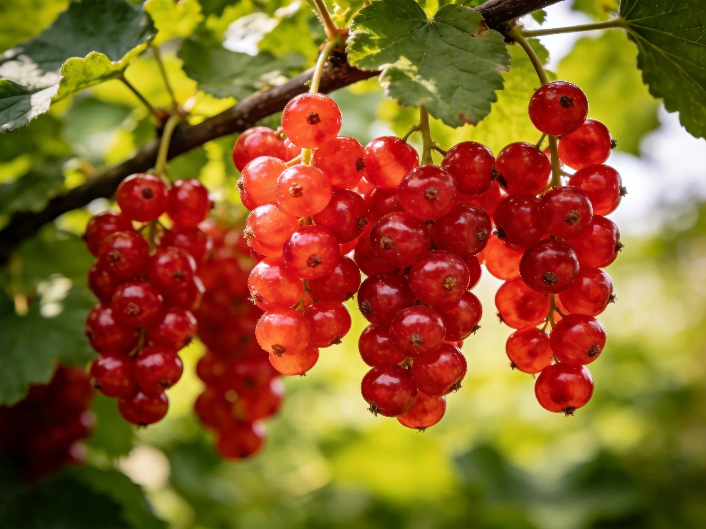 Multiple bunches of vibrant red currants hang from lush green foliage