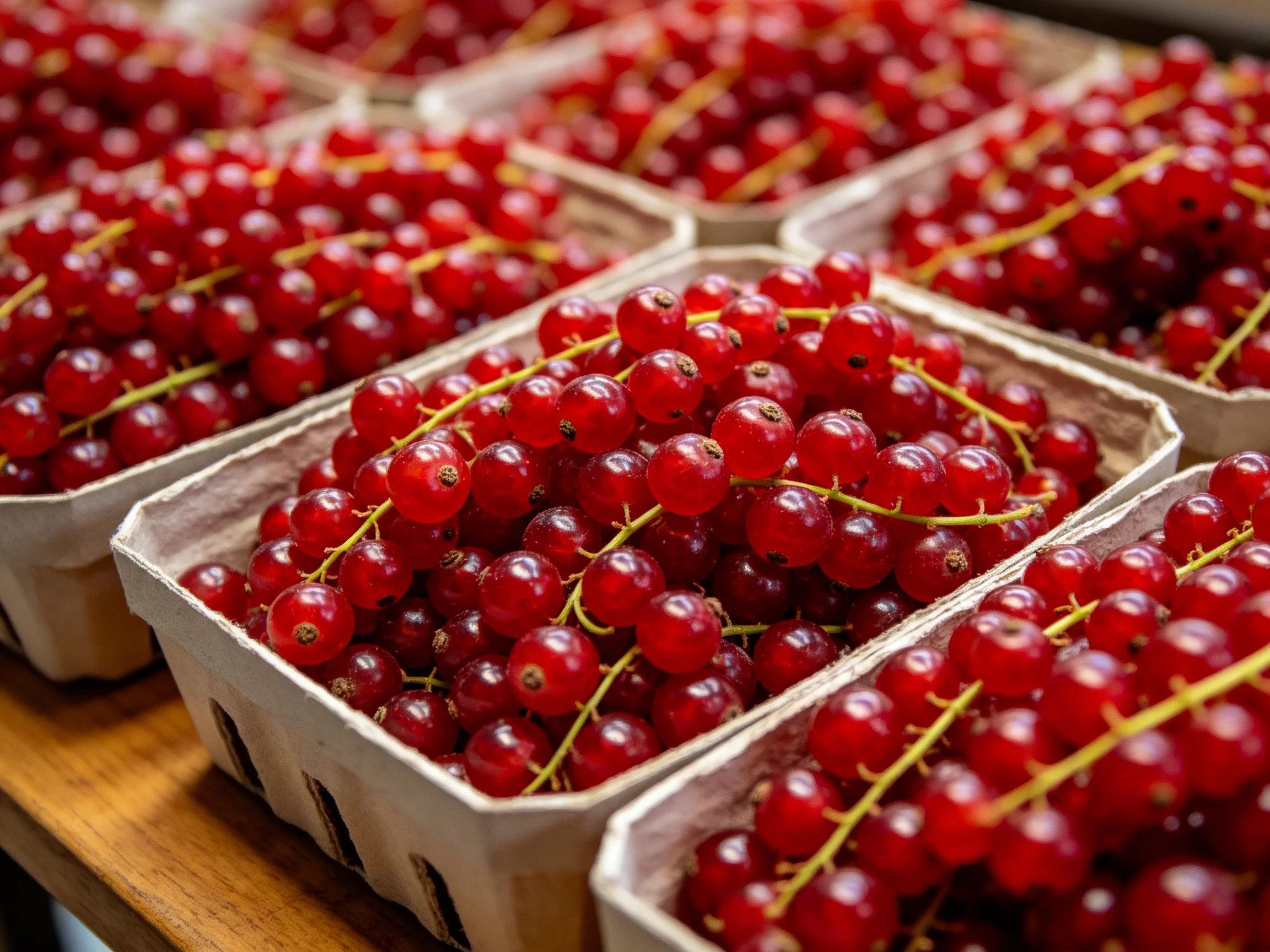 Multiple cardboard trays filled with plump red currants
