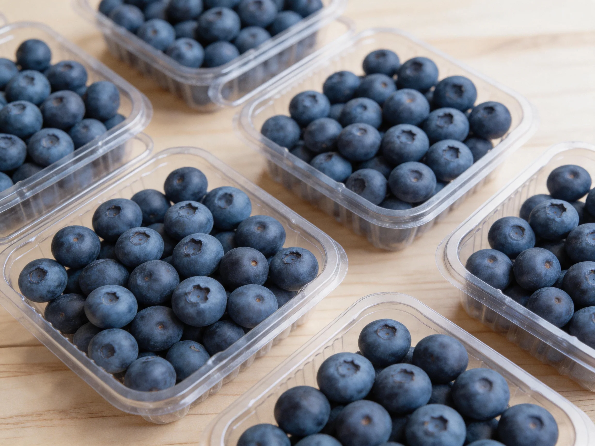 Multiple clear plastic containers filled with plump blueberries