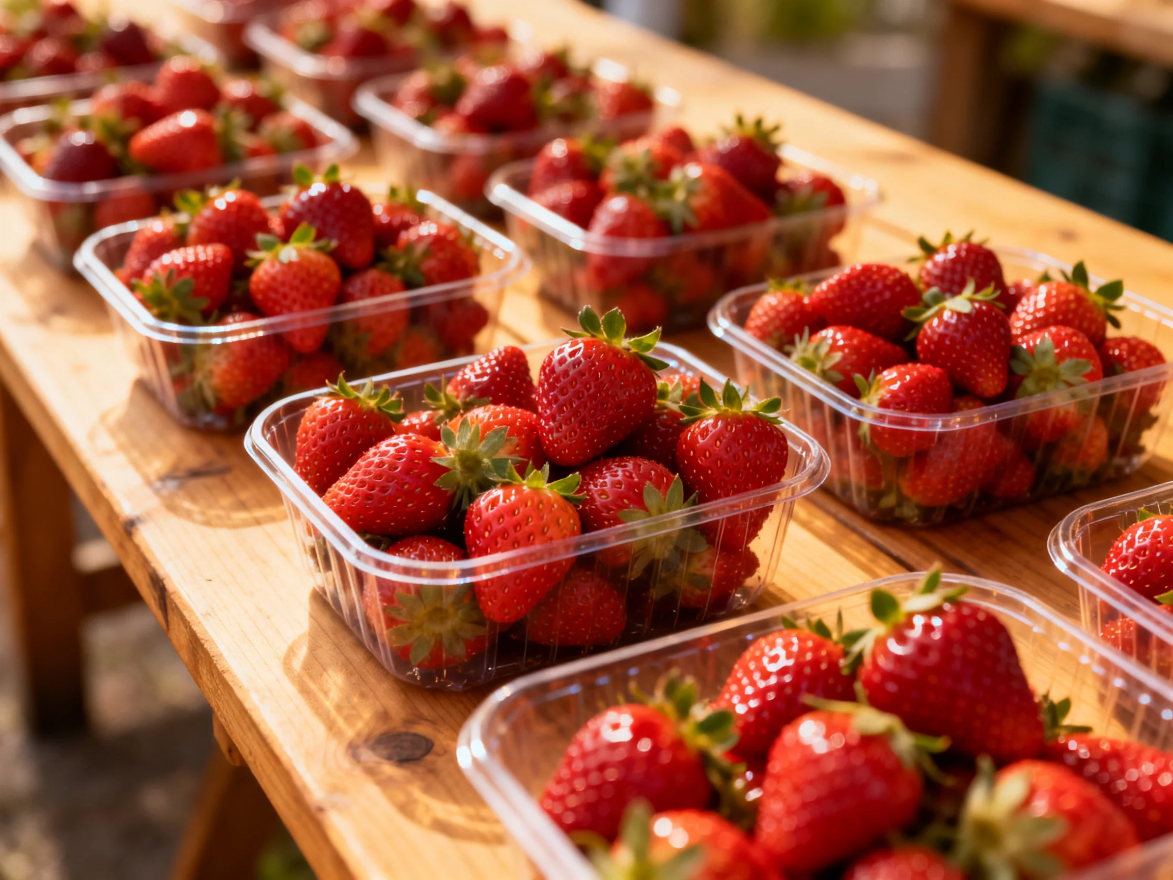 Multiple clear plastic containers filled with vibrant red strawberries on a wooden surface