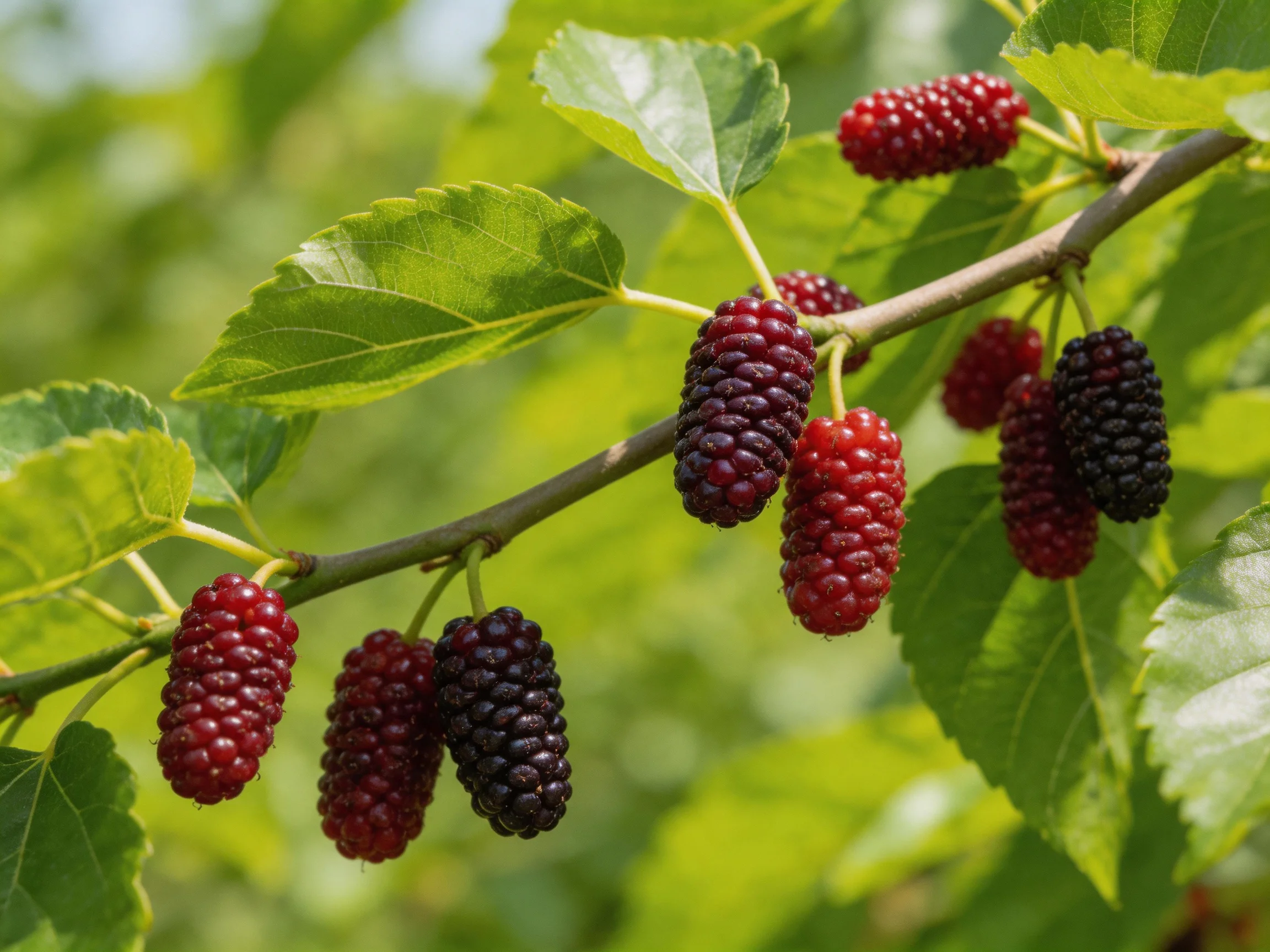 Multiple clusters of red and dark purple mulberries hang from a leafy branch