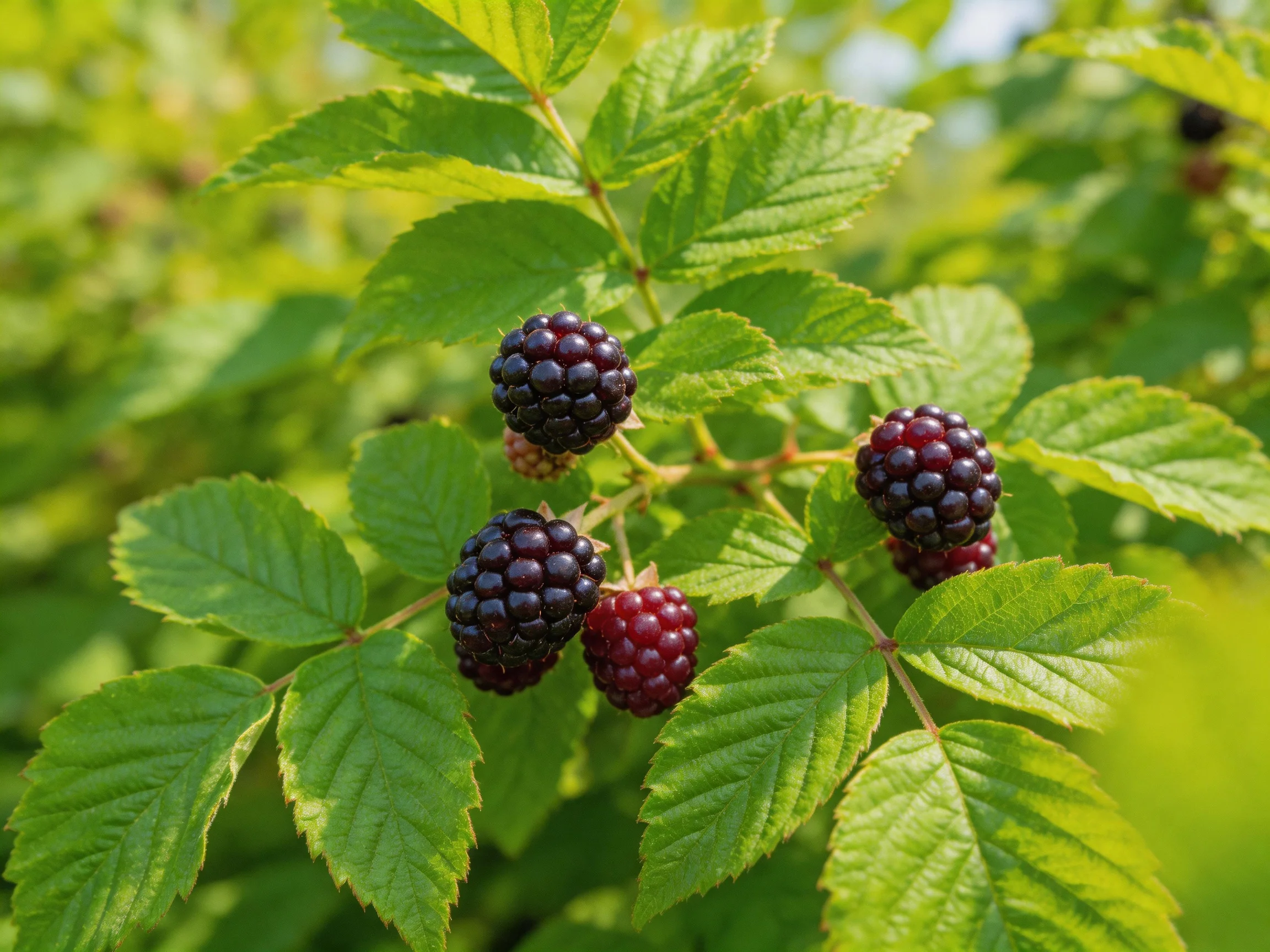 Multiple dark purple blackberries grow on leafy branches
