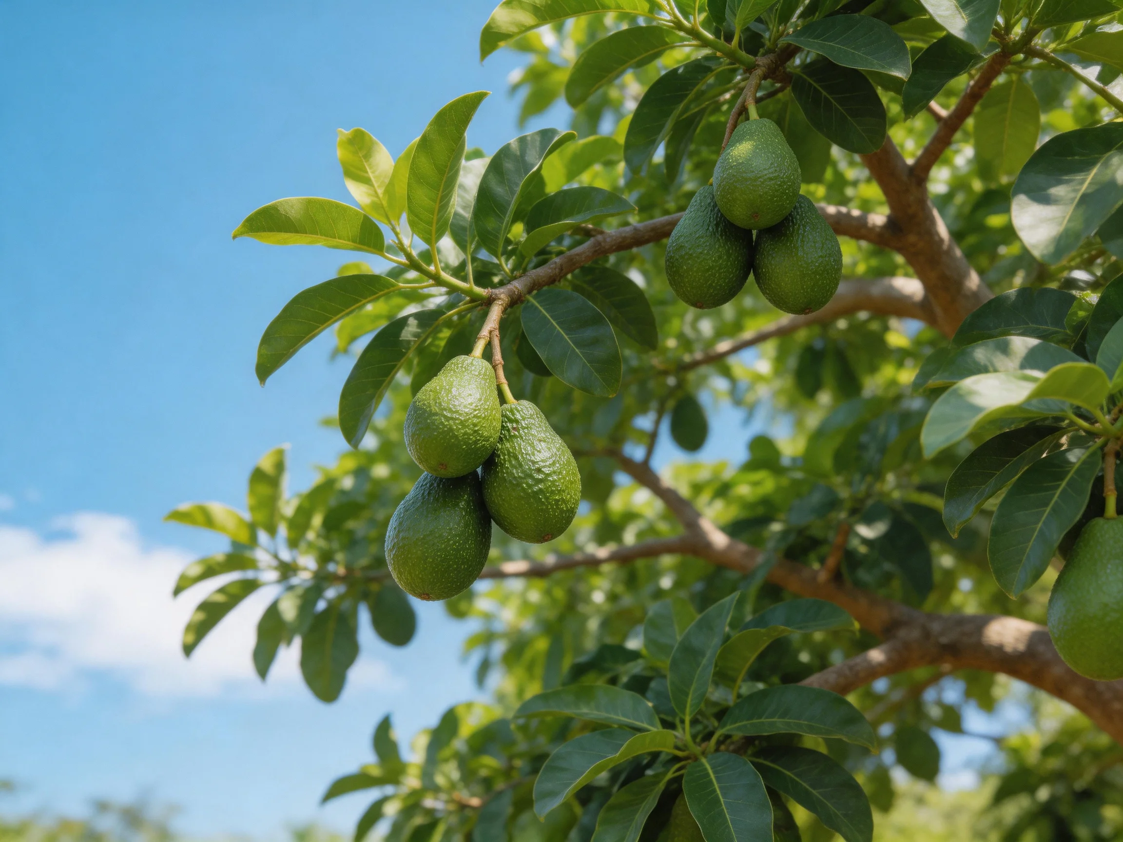 Multiple green avocados on a lush avocado tree beneath a bright blue sky
