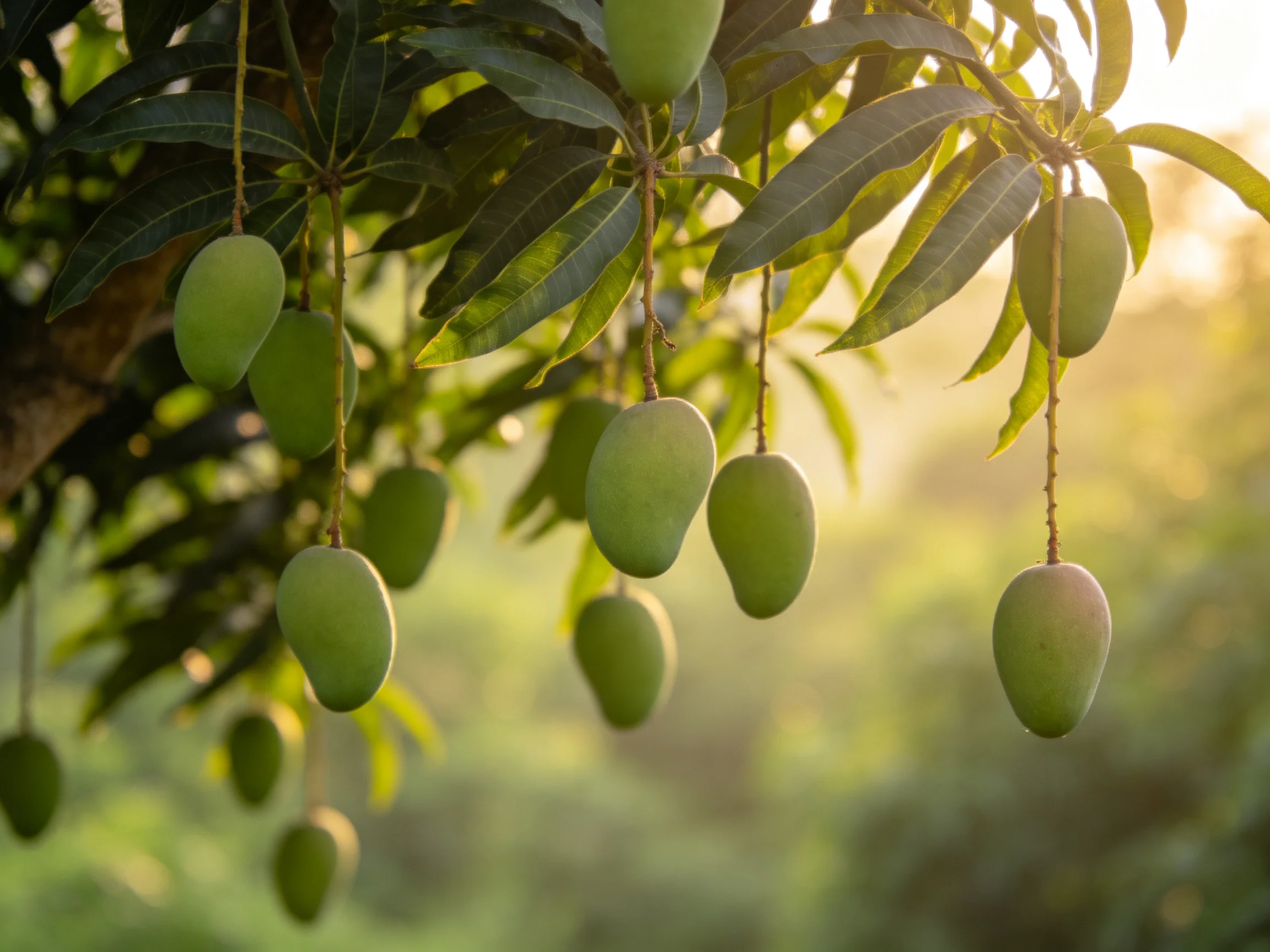 Multiple green mangoes hang from a tree with lush foliage under soft sunlight