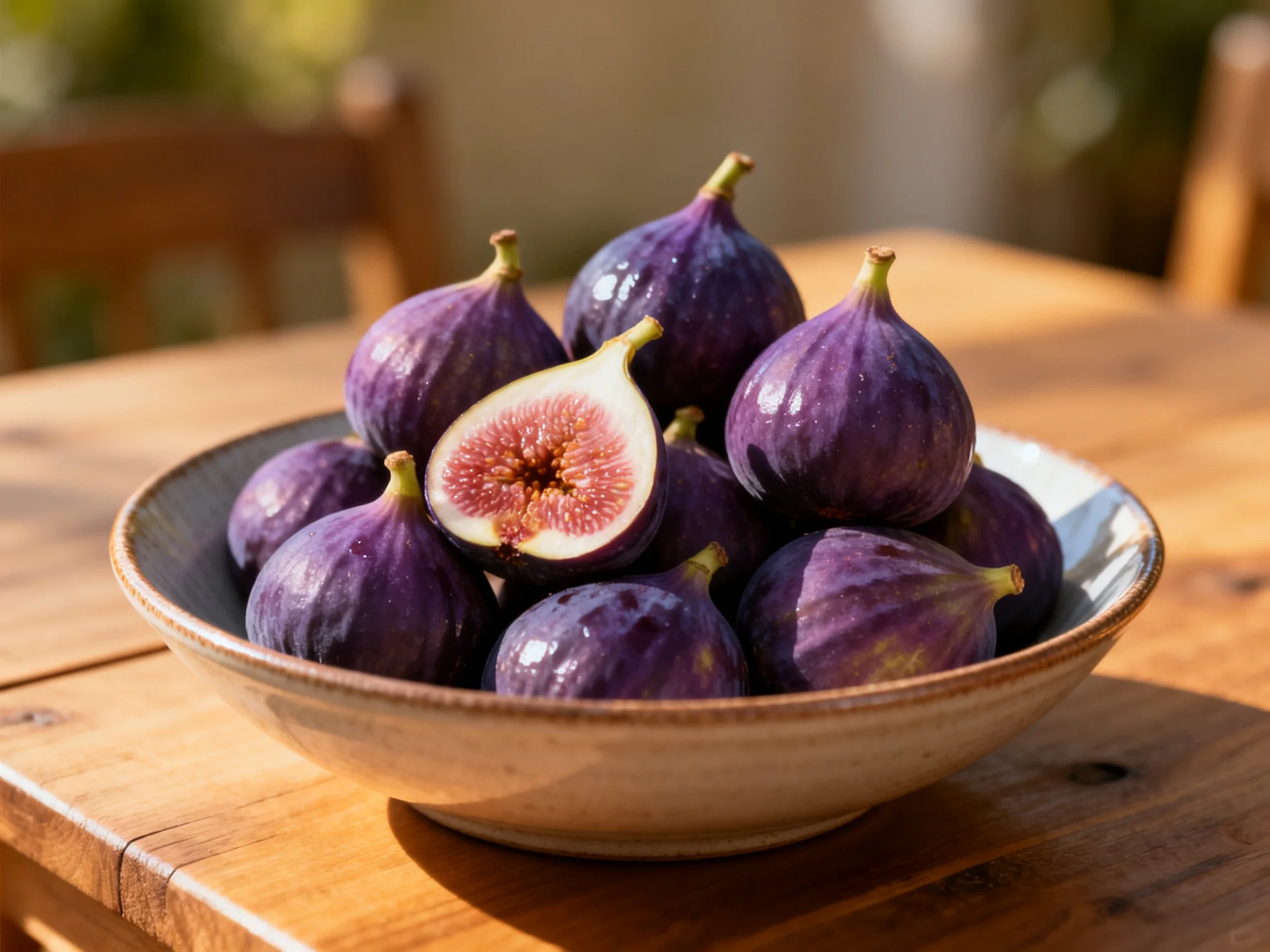 Multiple purple figs in a ceramic bowl on a wooden table