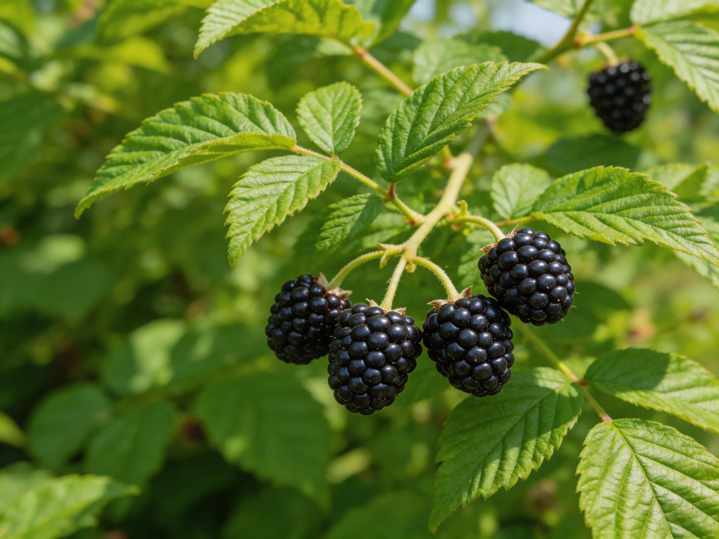 Multiple ripe blackberries grow on branches with lush green leaves