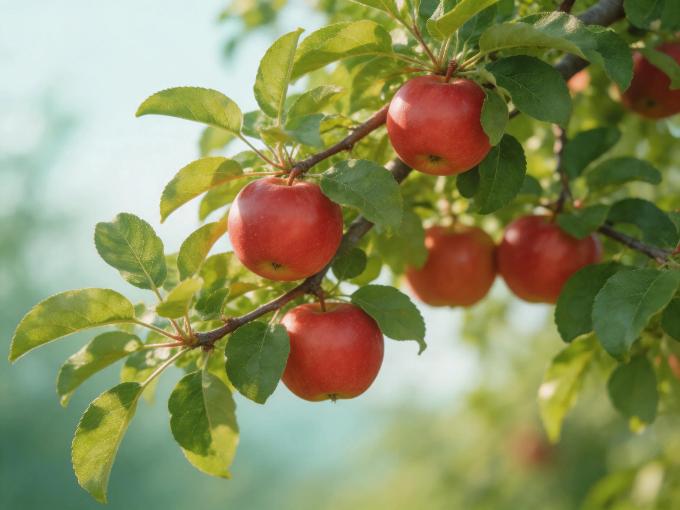 Multiple ripe red apples grow on a leafy apple tree branch