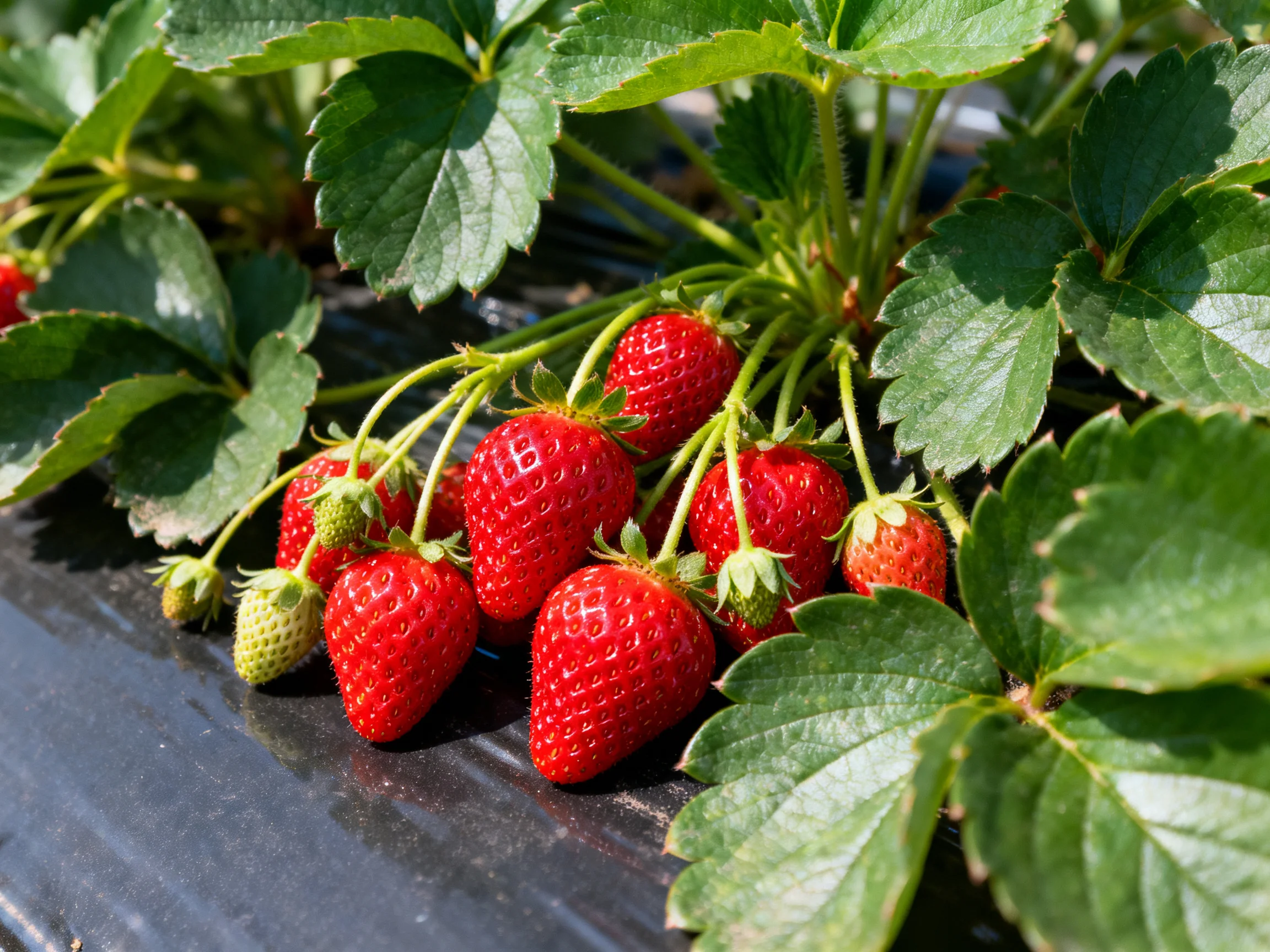 Multiple ripe red strawberries hang from green strawberry plants
