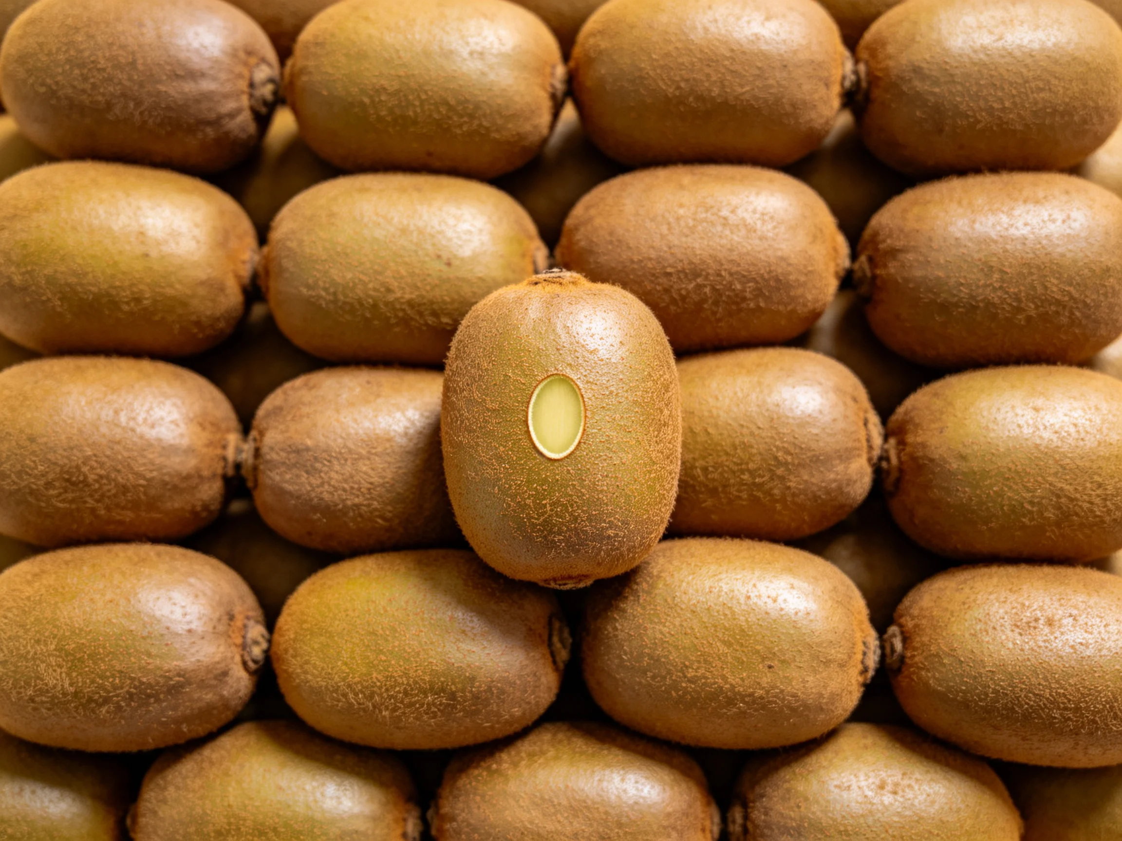 Multiple rows of uniformly brown kiwifruits with one central fruit revealing its interior