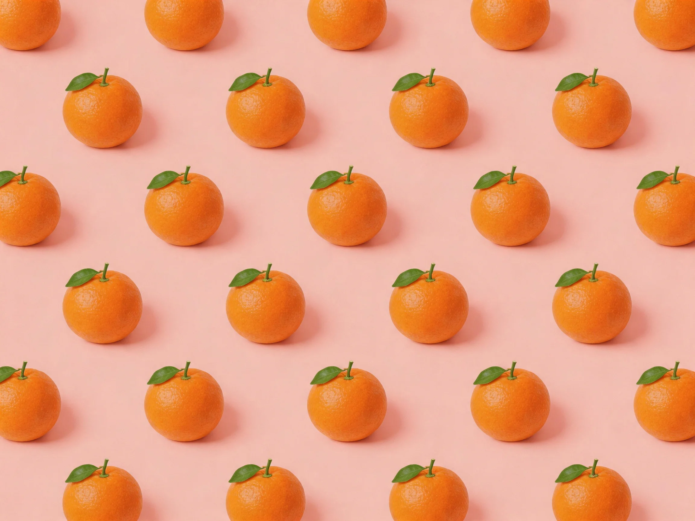 Multiple rows of vibrant orange citrus fruits on a pastel pink surface