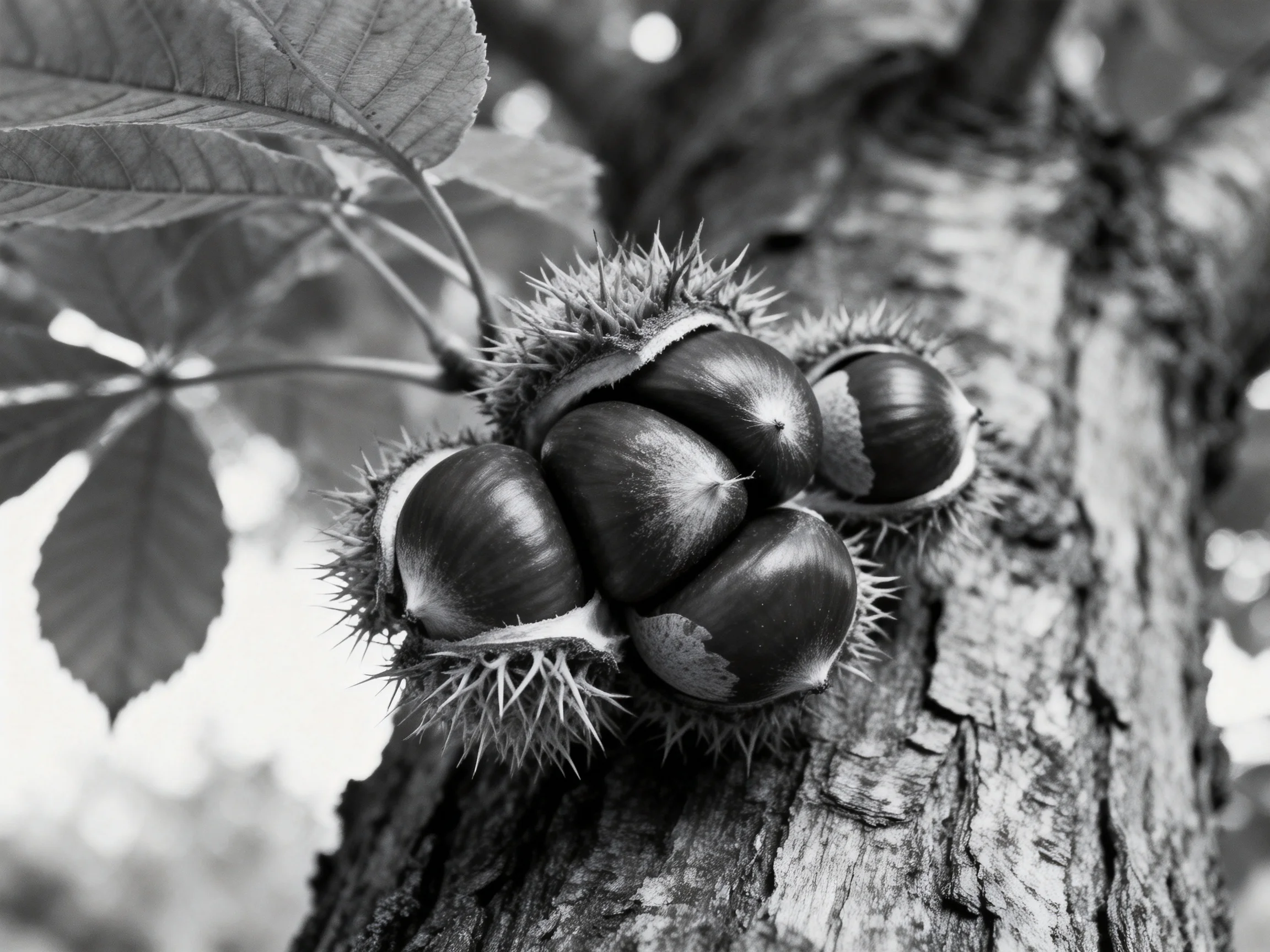 Multiple spiky chestnuts cluster on a textured tree trunk